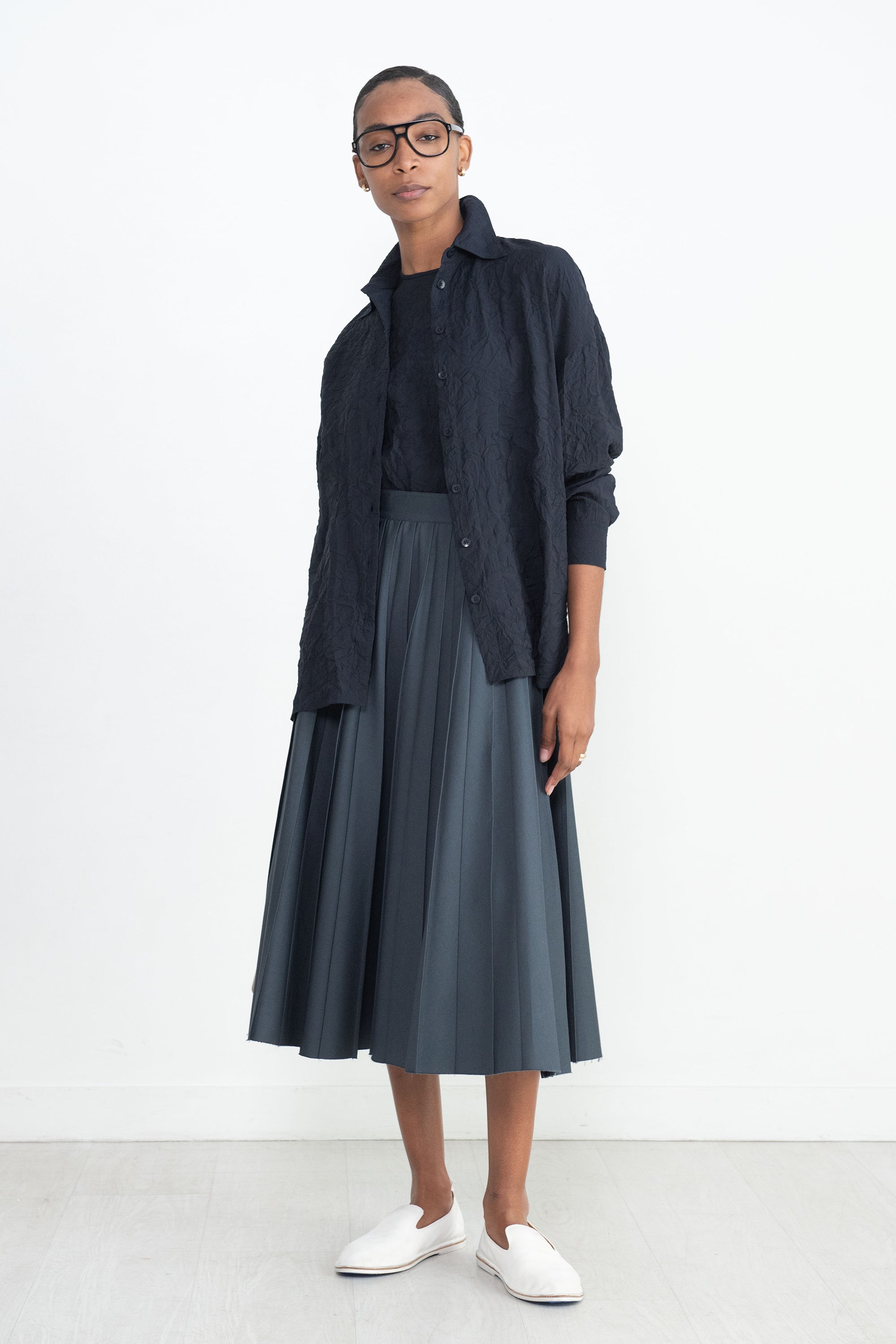 TIBI - Oliver Cotton Stretch Tricotine Pintucked Skirt, Slate Blue