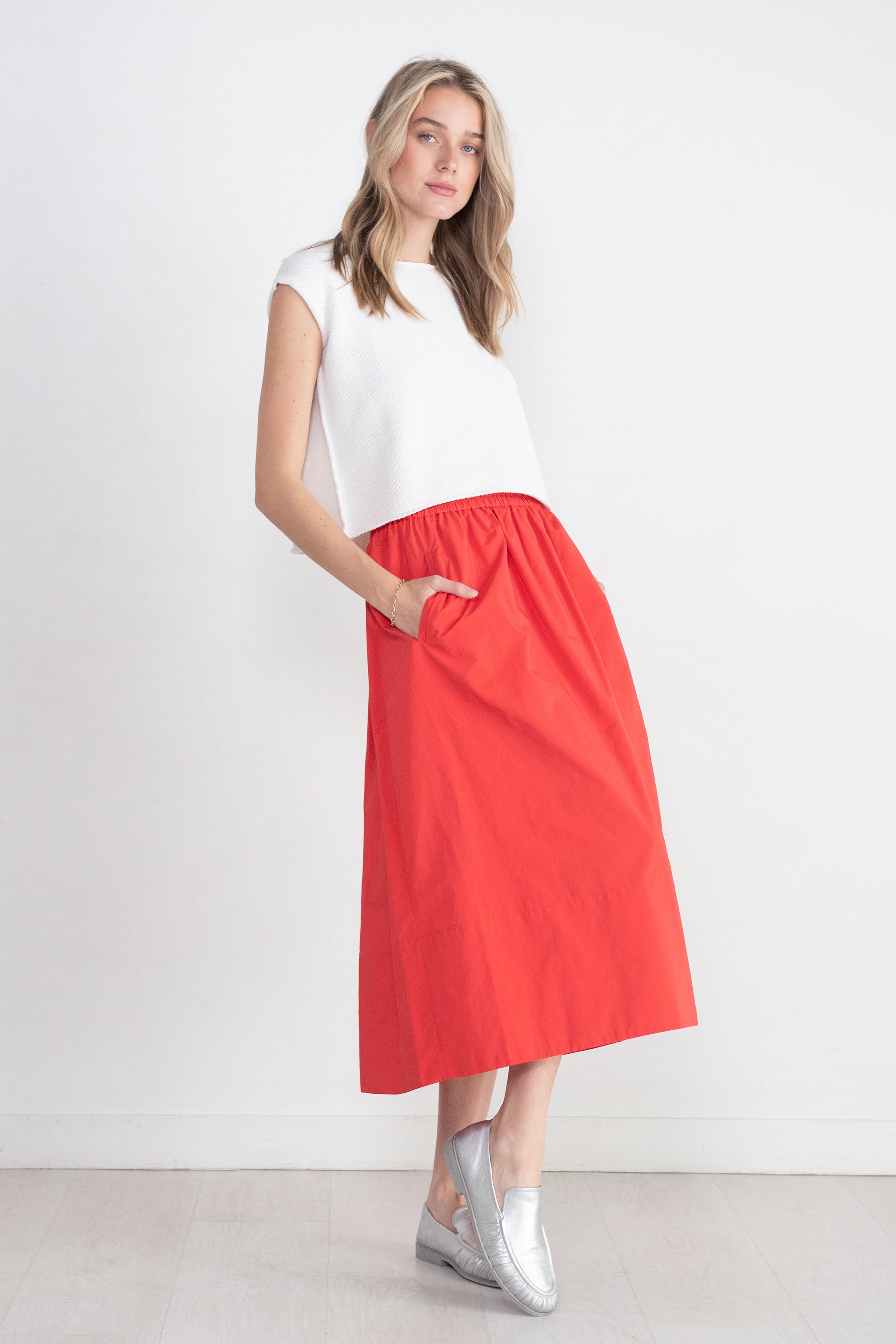TIBI - Nylon Pull On Full Skirt, Red