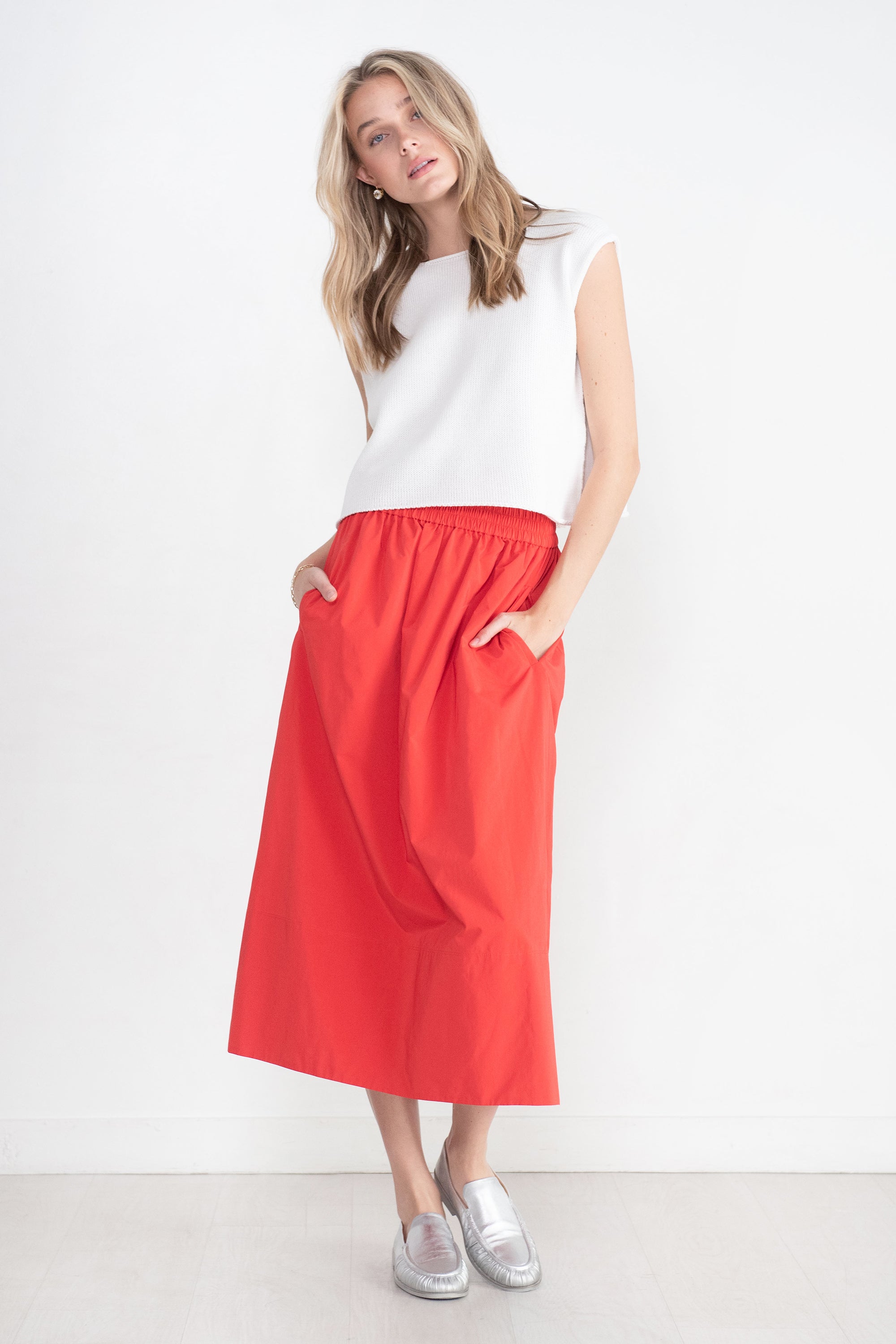 TIBI - Nylon Pull On Full Skirt, Red