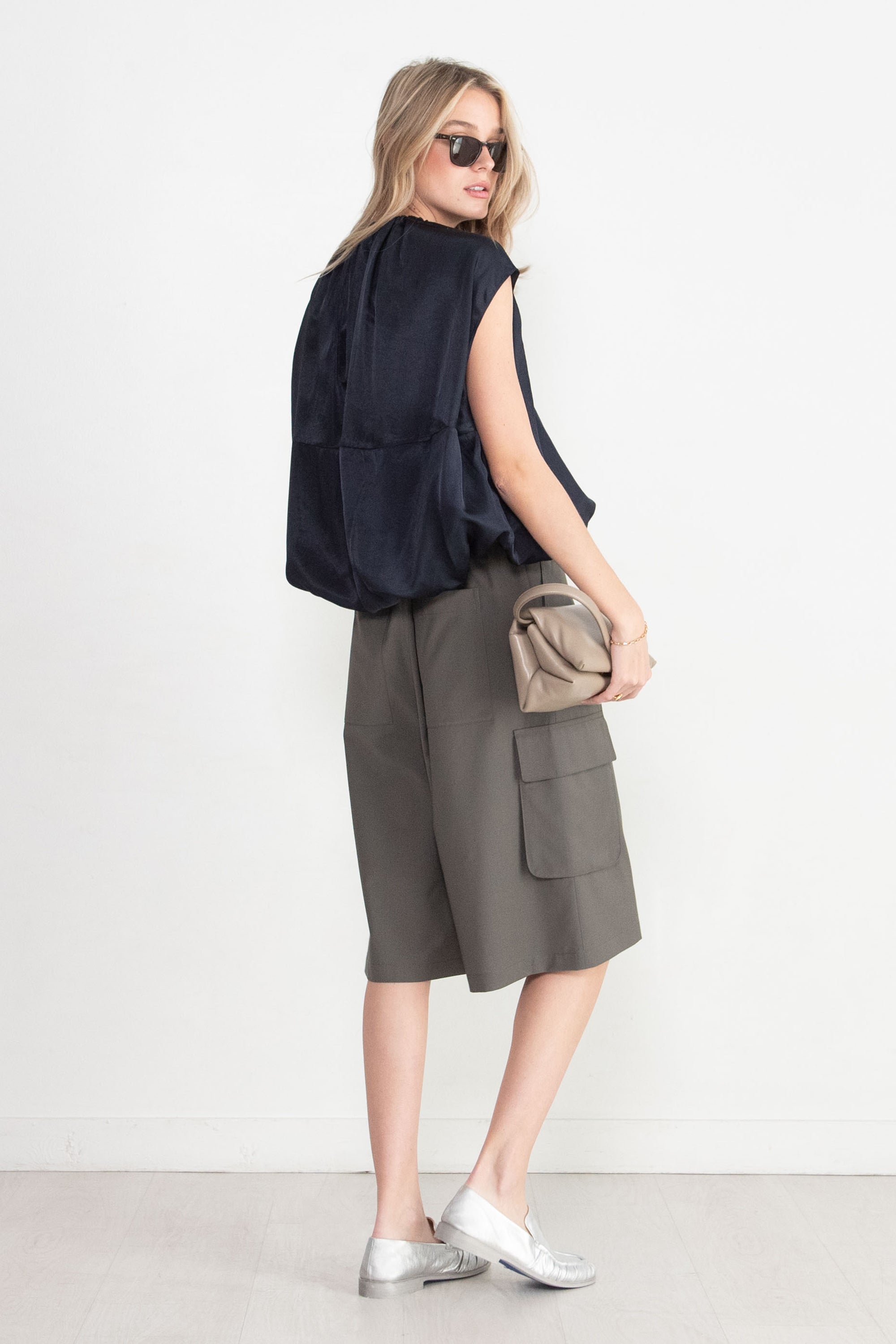 TIBI - Spring Acetate Shirred Neck Circular Top, Dark Navy