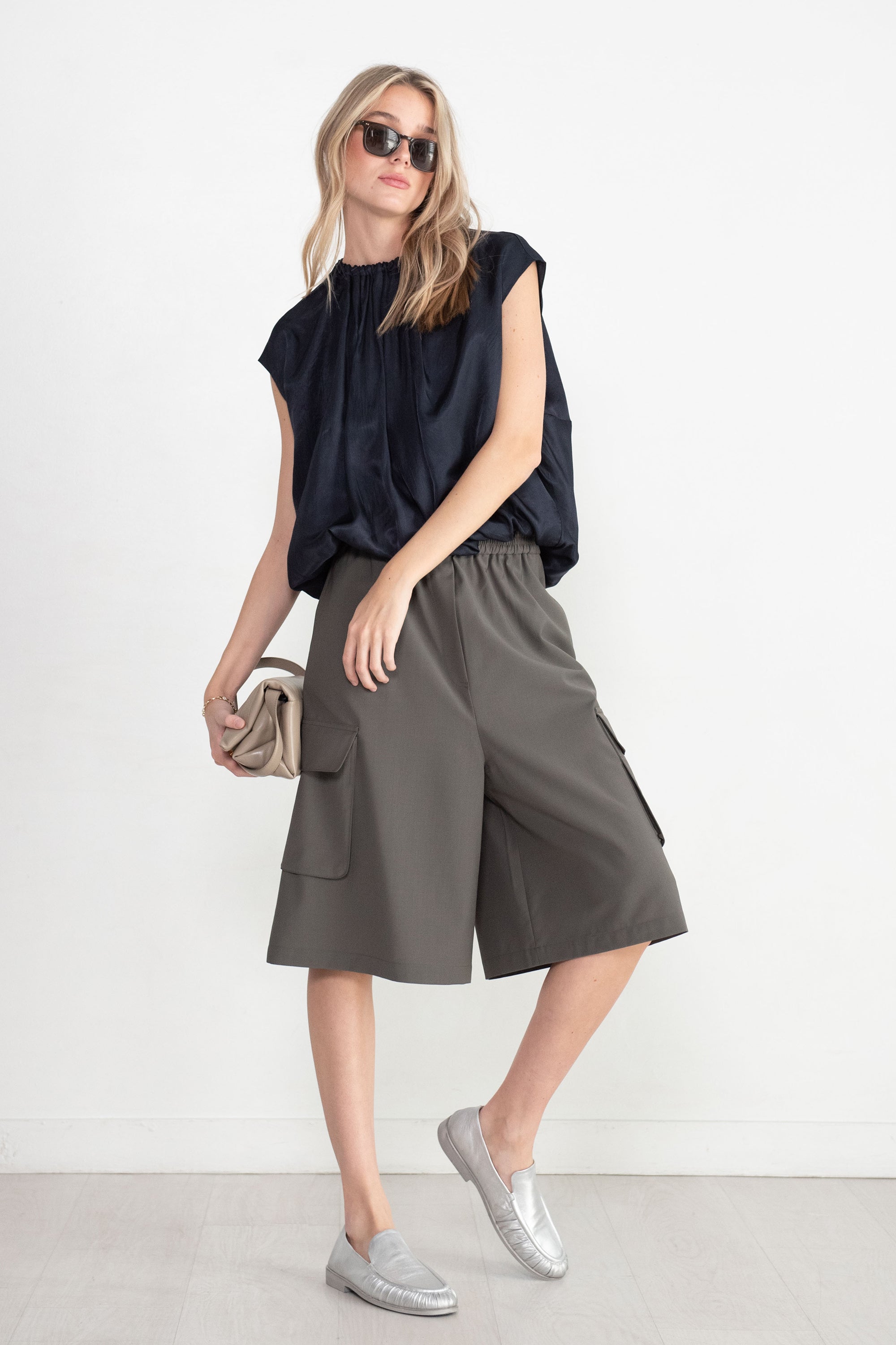 TIBI - Spring Acetate Shirred Neck Circular Top, Dark Navy