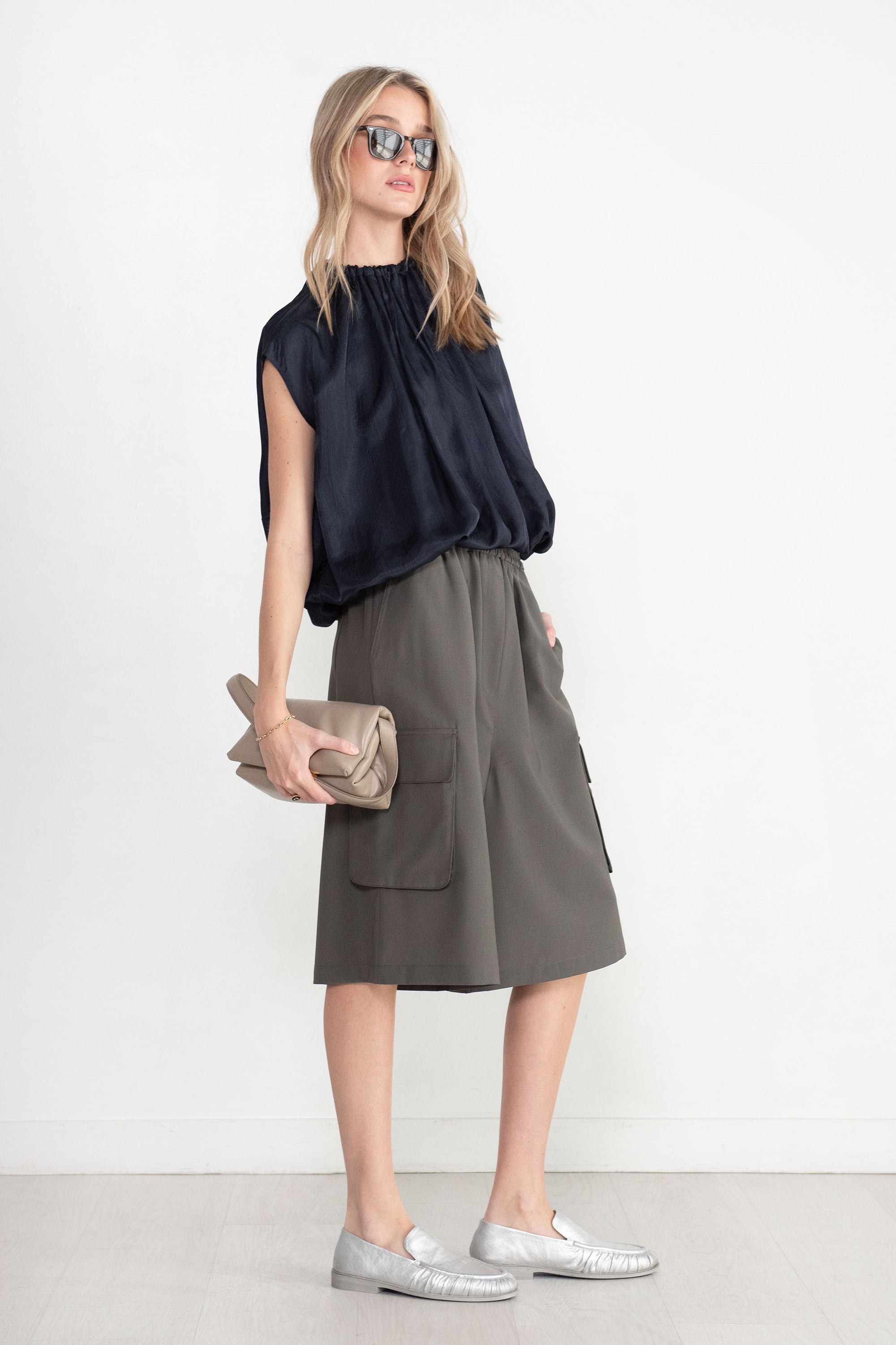 TIBI - Spring Acetate Shirred Neck Circular Top, Dark Navy