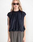 TIBI - Spring Acetate Shirred Neck Circular Top, Dark Navy