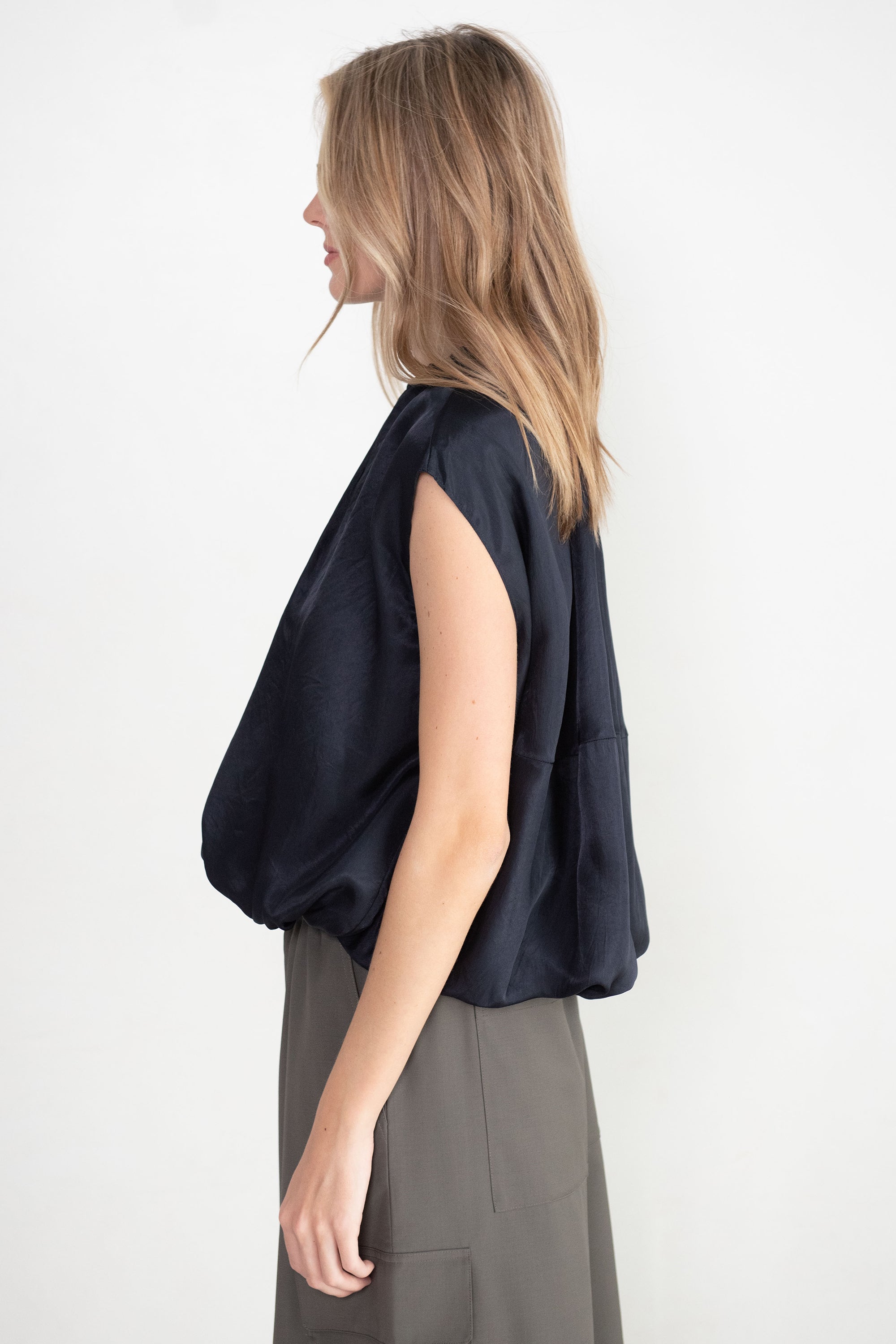 TIBI - Spring Acetate Shirred Neck Circular Top, Dark Navy
