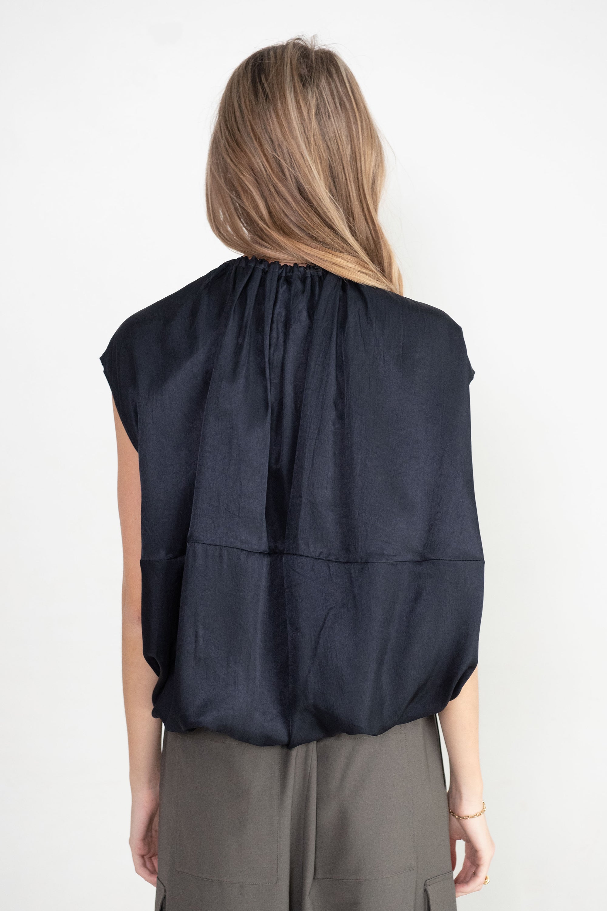 TIBI - Spring Acetate Shirred Neck Circular Top, Dark Navy