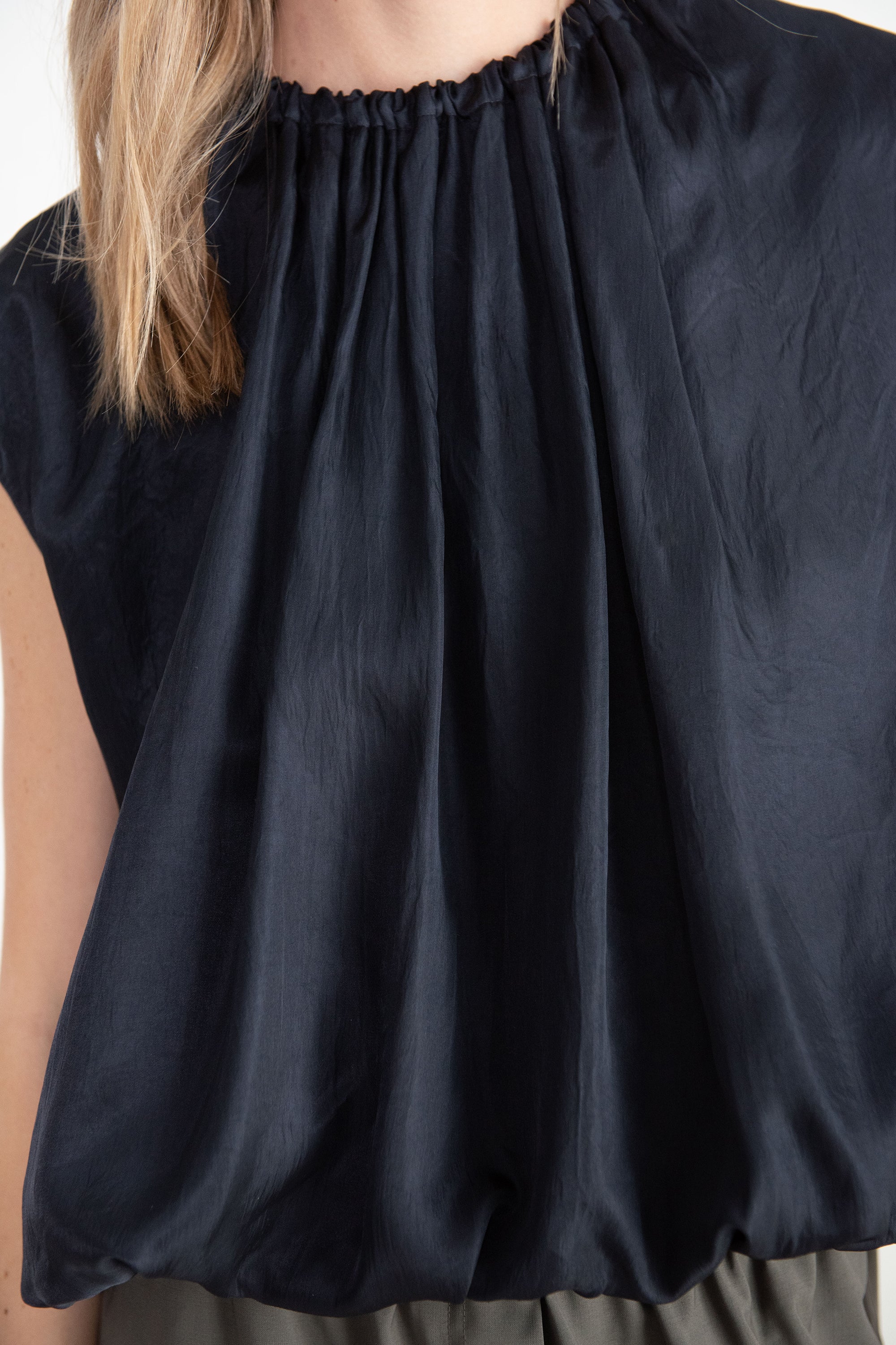 TIBI - Spring Acetate Shirred Neck Circular Top, Dark Navy