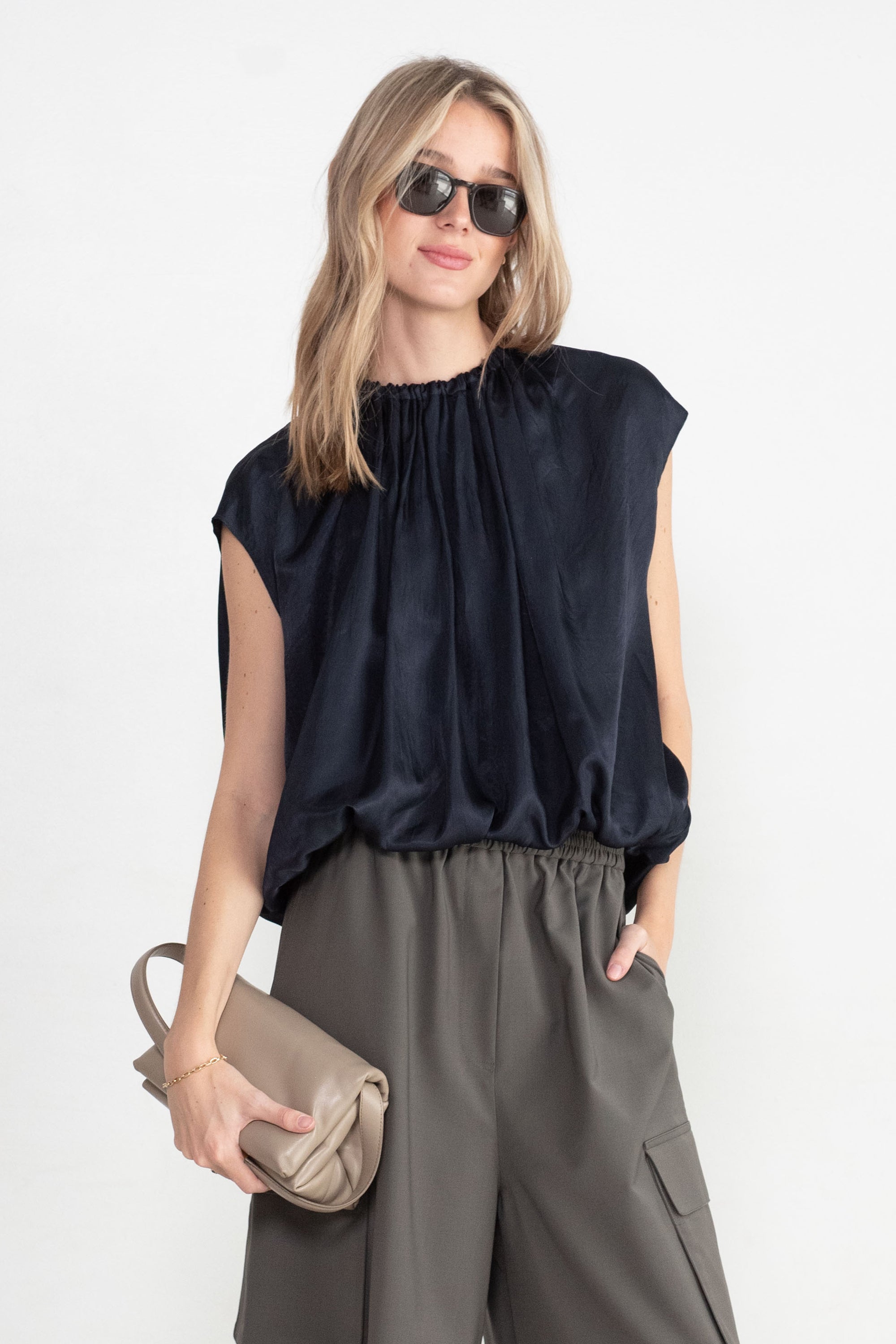 TIBI - Spring Acetate Shirred Neck Circular Top, Dark Navy