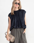 TIBI - Spring Acetate Shirred Neck Circular Top, Dark Navy