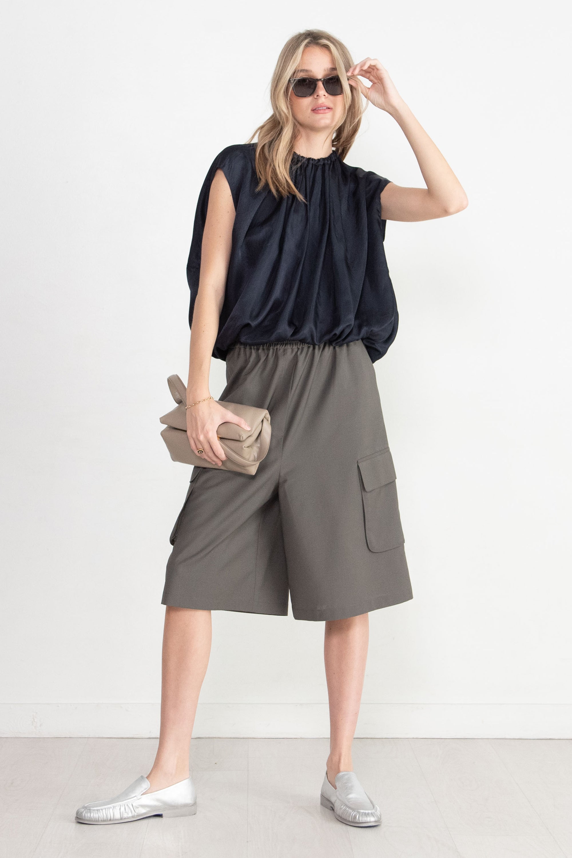 TIBI - Spring Acetate Shirred Neck Circular Top, Dark Navy