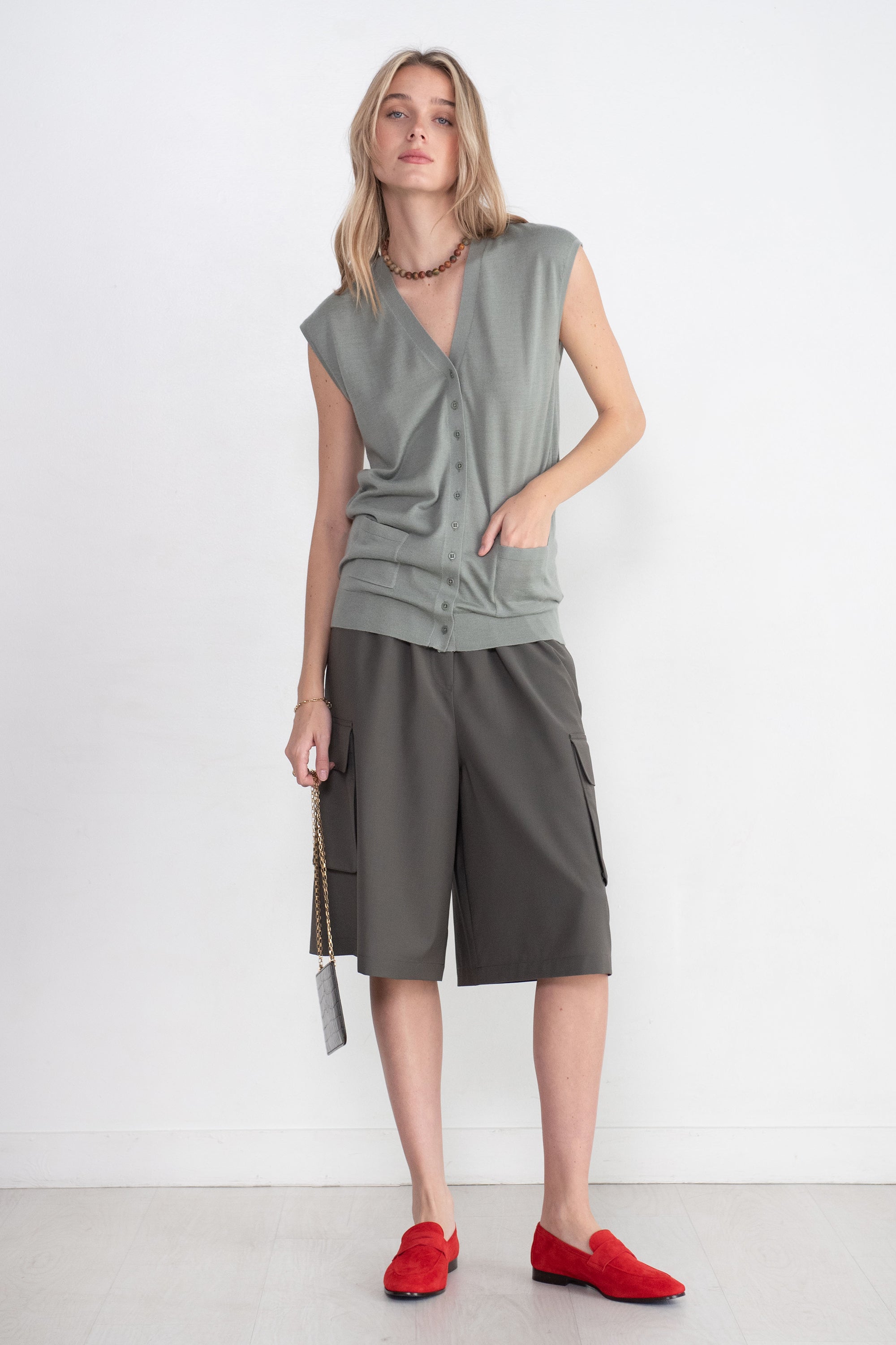 TIBI - Cashmere Silk Blend Sleeveless Button Down Sweater, Pumice Grey