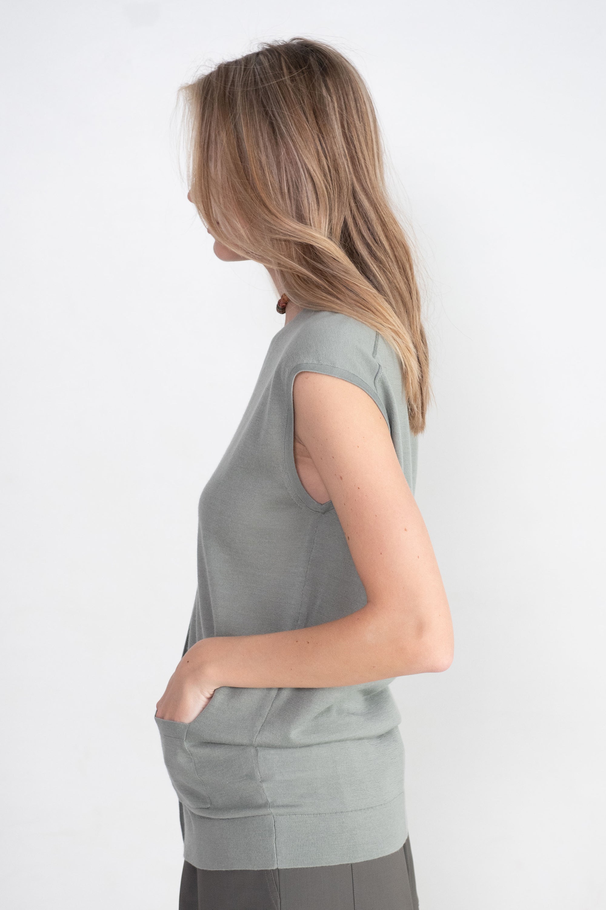 TIBI - Cashmere Silk Blend Sleeveless Button Down Sweater, Pumice Grey