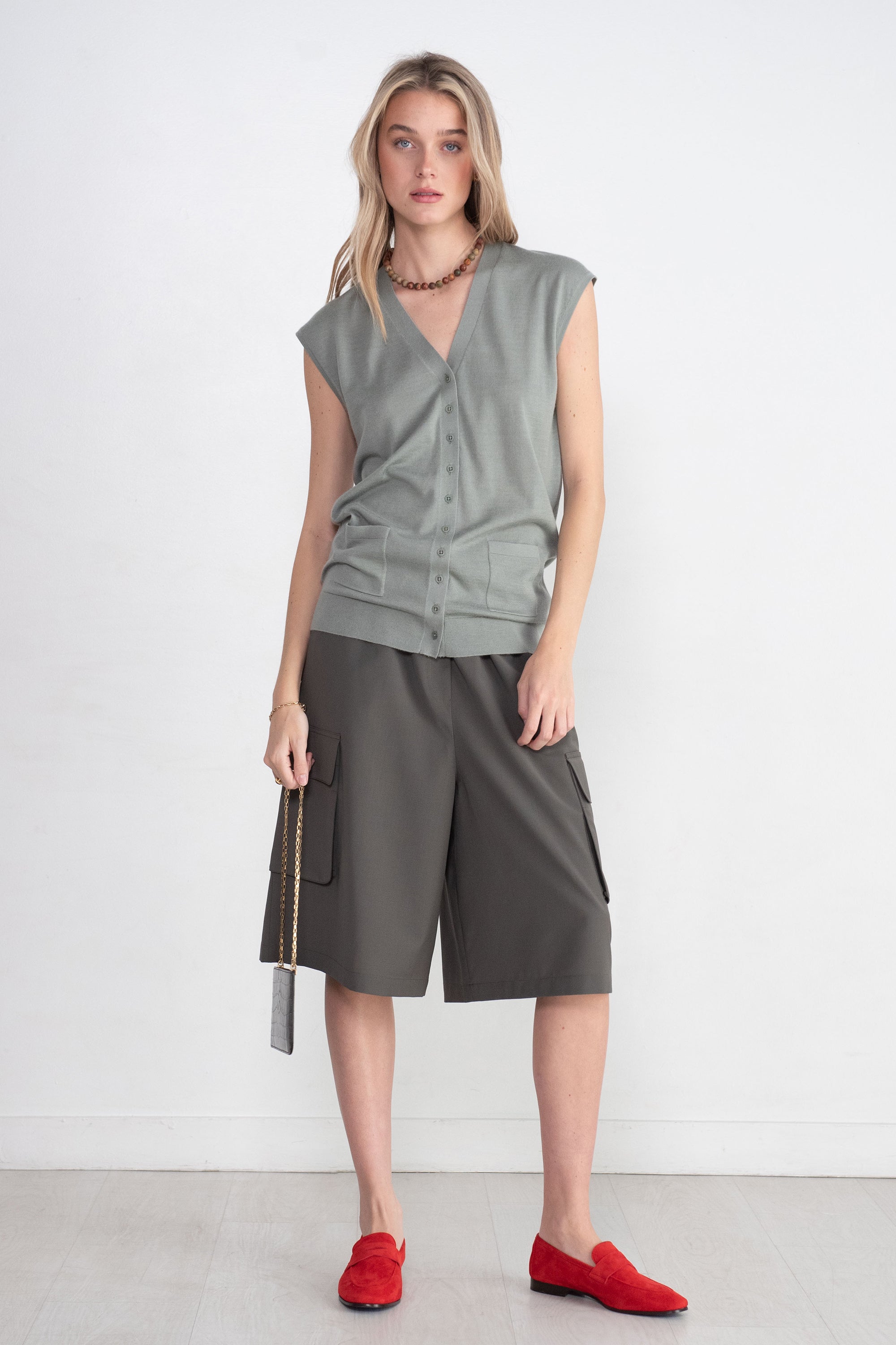 TIBI - Cashmere Silk Blend Sleeveless Button Down Sweater, Pumice Grey