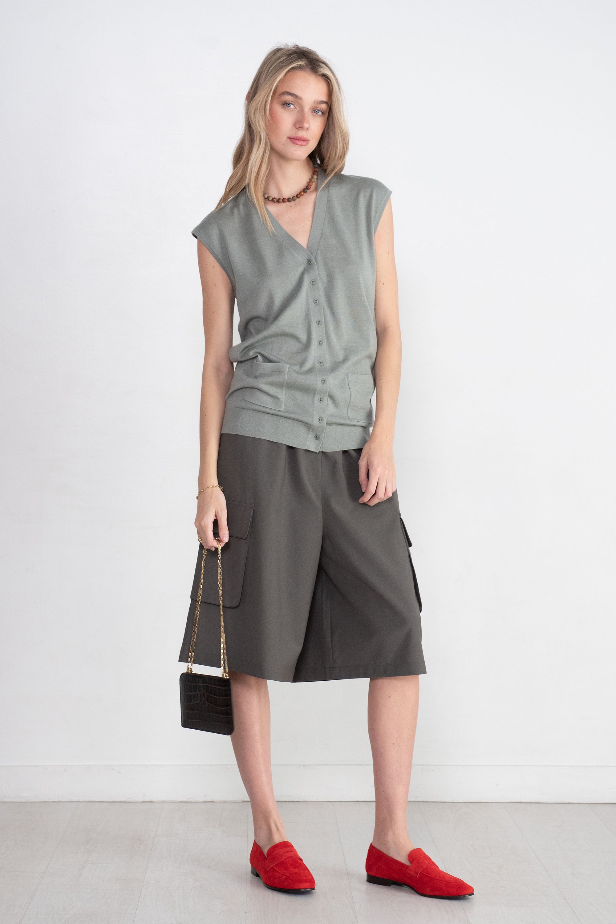 TIBI - Cashmere Silk Blend Sleeveless Button Down Sweater, Pumice Grey