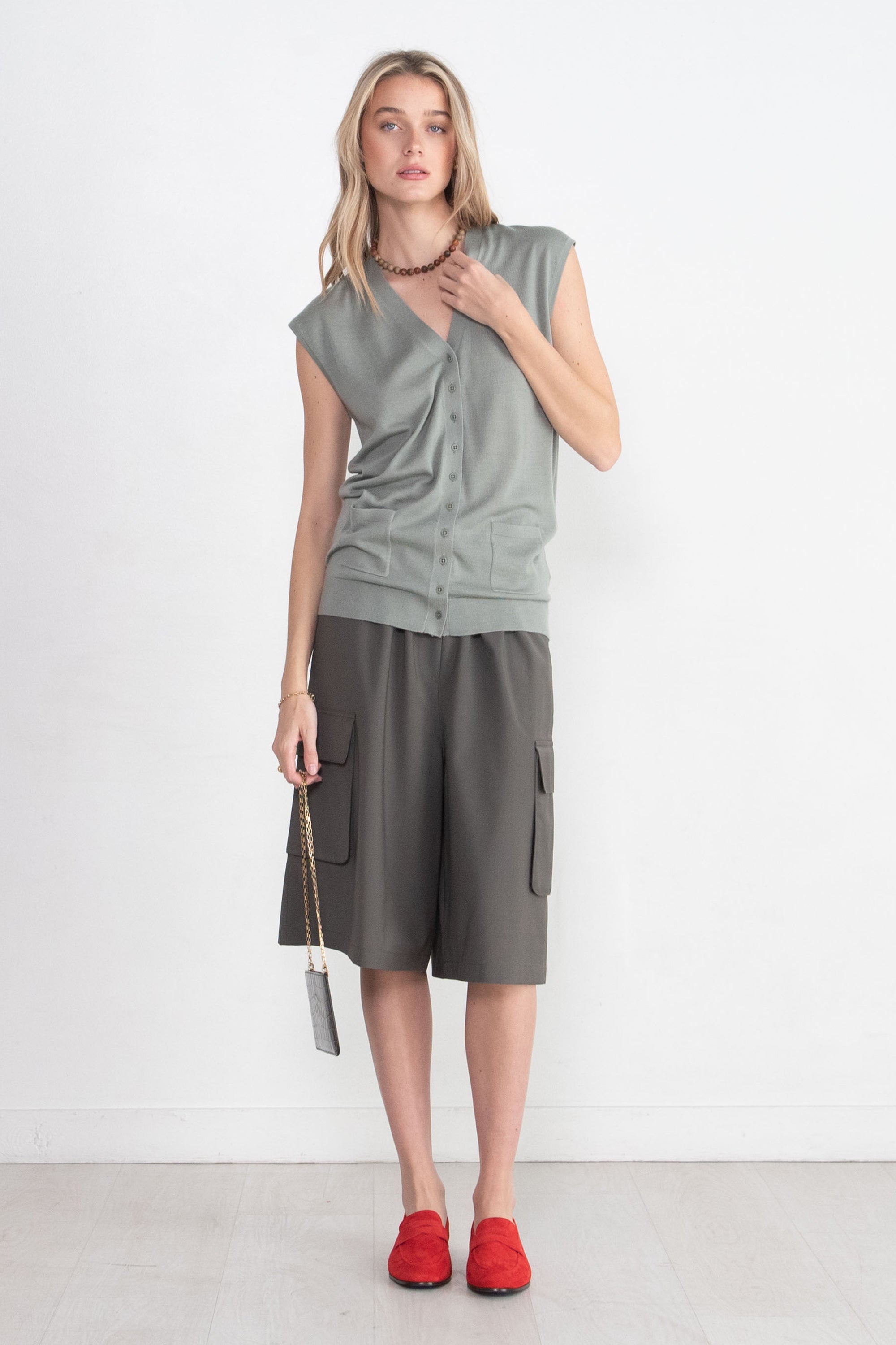 TIBI - Cashmere Silk Blend Sleeveless Button Down Sweater, Pumice Grey
