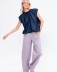 Summer Denim Indigo Shirred Neck Circular Top, Indigo