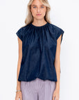 Summer Denim Indigo Shirred Neck Circular Top, Indigo