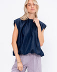 Summer Denim Indigo Shirred Neck Circular Top, Indigo