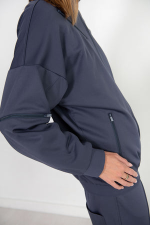 TIBI - Active Knit Zipper Detailed Track Jacket, Navy Fog