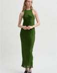 Matte Satin Plisse Midi Bias Dress, Green