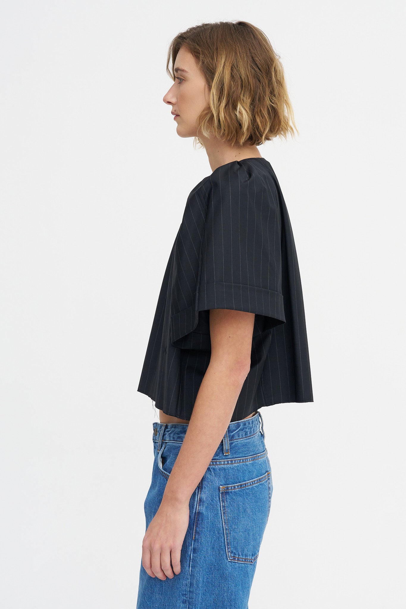 Grand Bazaar Short Sleeve Top, Charcoal Pinstripe