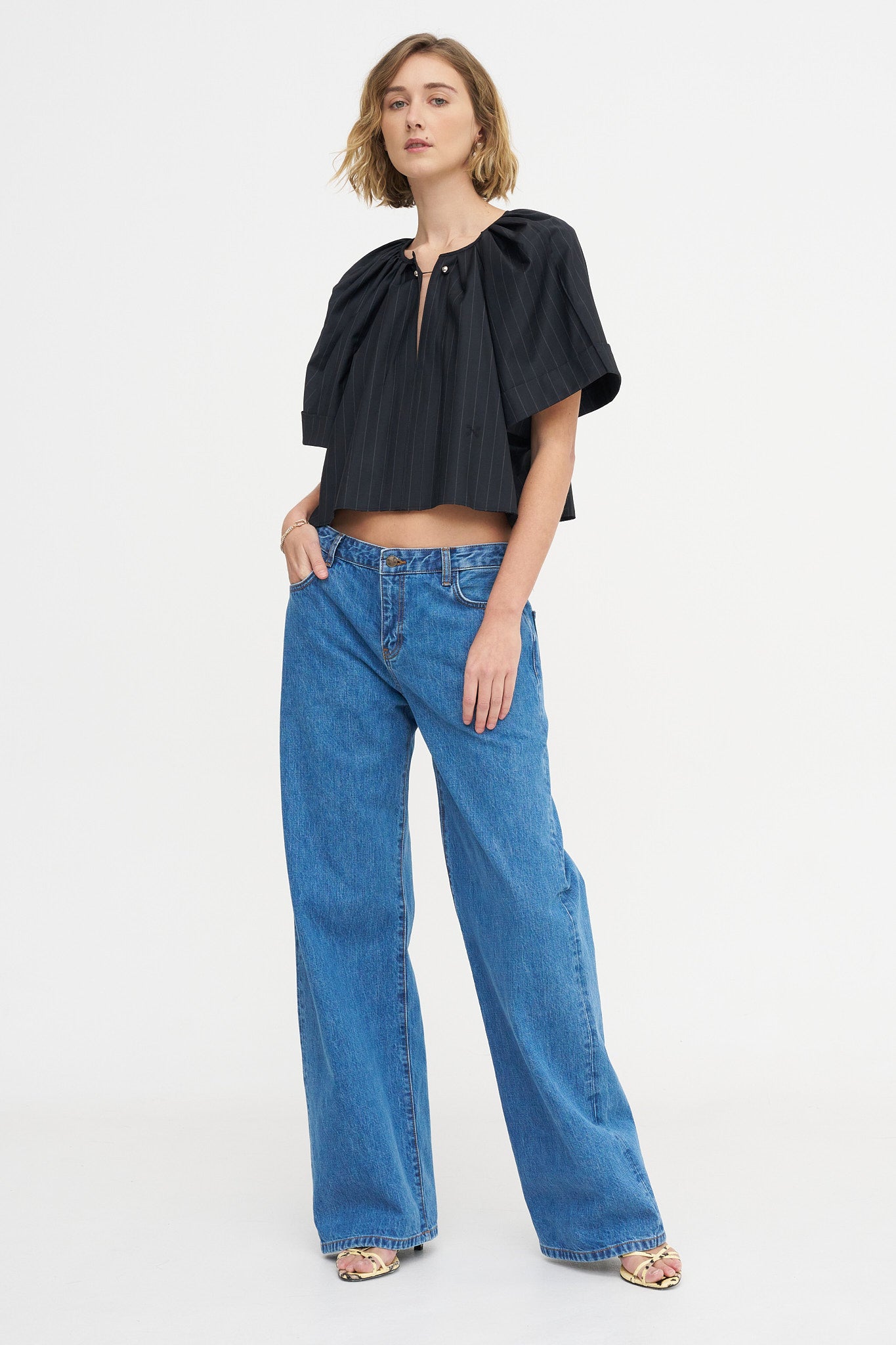 Grand Bazaar Short Sleeve Top, Charcoal Pinstripe