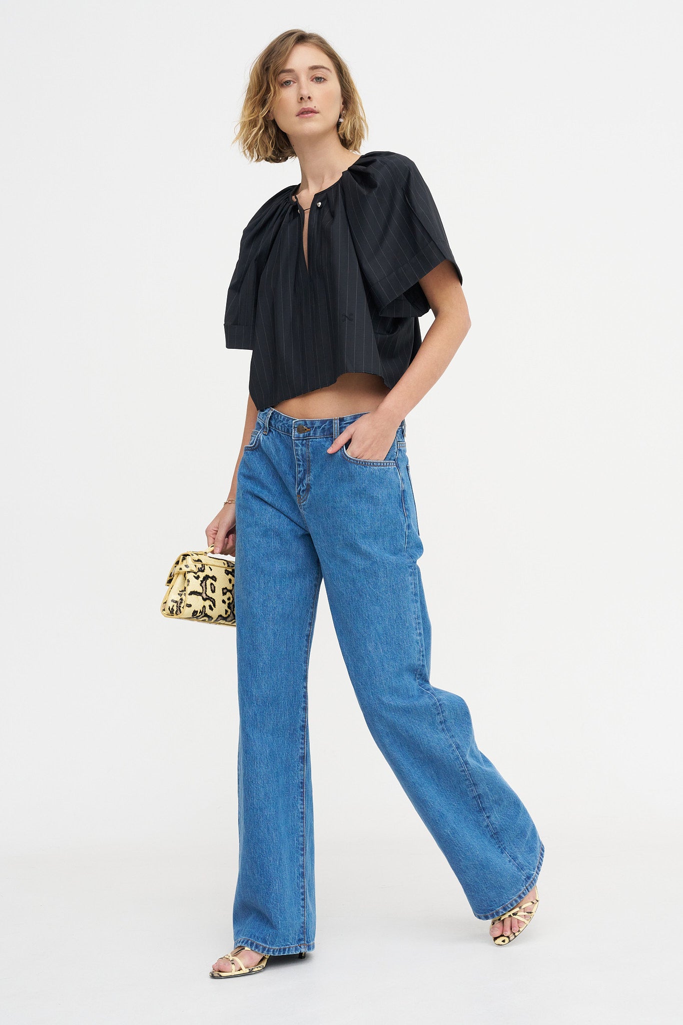 Grand Bazaar Short Sleeve Top, Charcoal Pinstripe