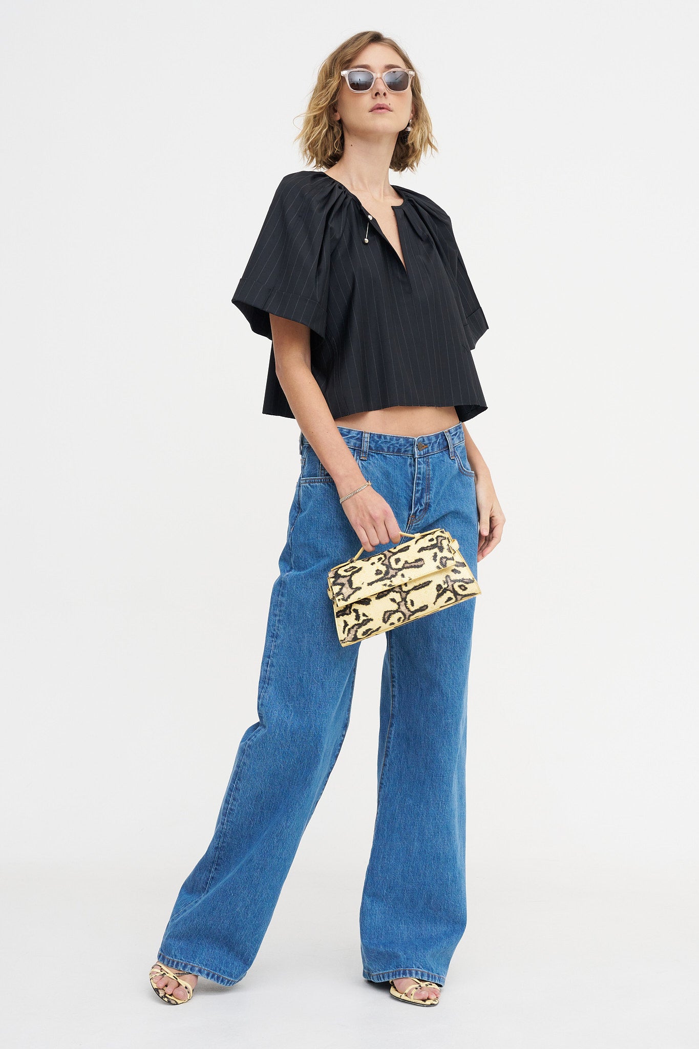 Grand Bazaar Short Sleeve Top, Charcoal Pinstripe