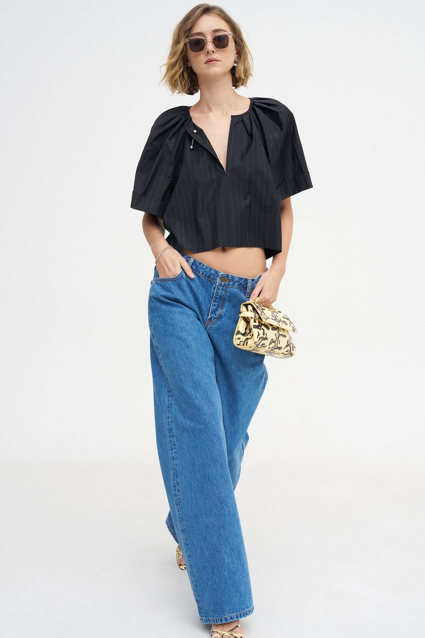 Grand Bazaar Short Sleeve Top, Charcoal Pinstripe