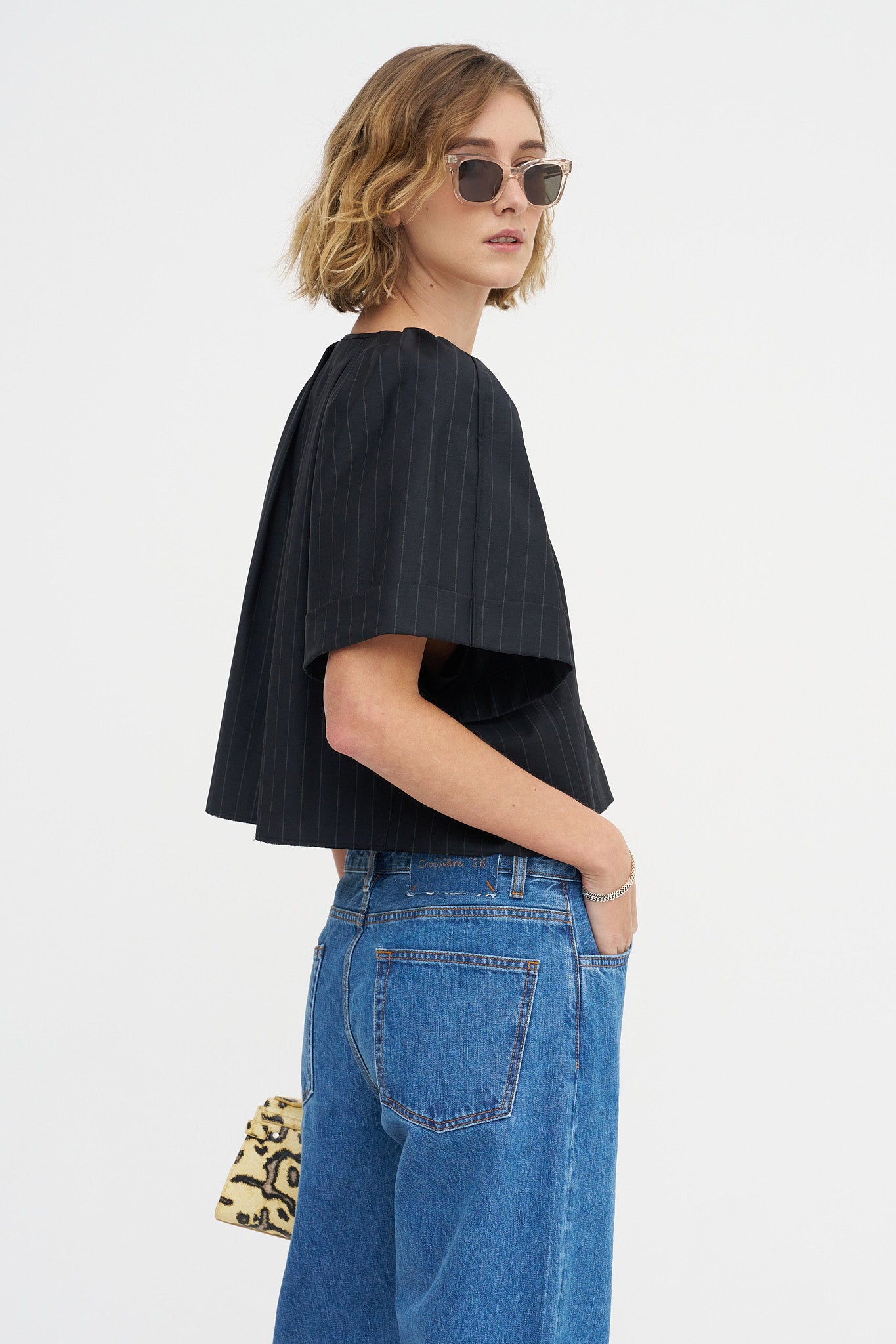 Grand Bazaar Short Sleeve Top, Charcoal Pinstripe