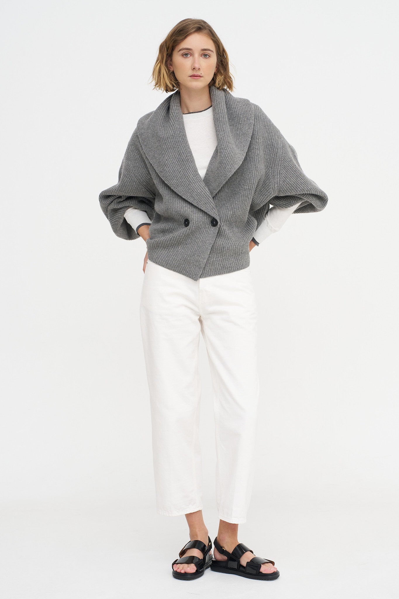 Shawl-lapel Cardigan, Mid-Grey