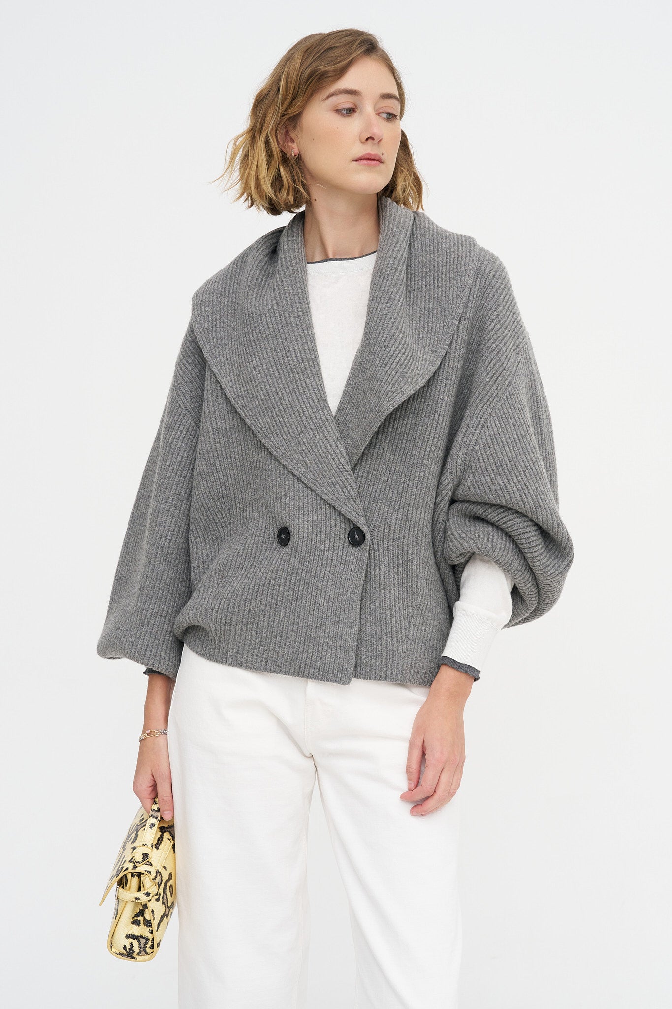 Shawl-lapel Cardigan, Mid-Grey