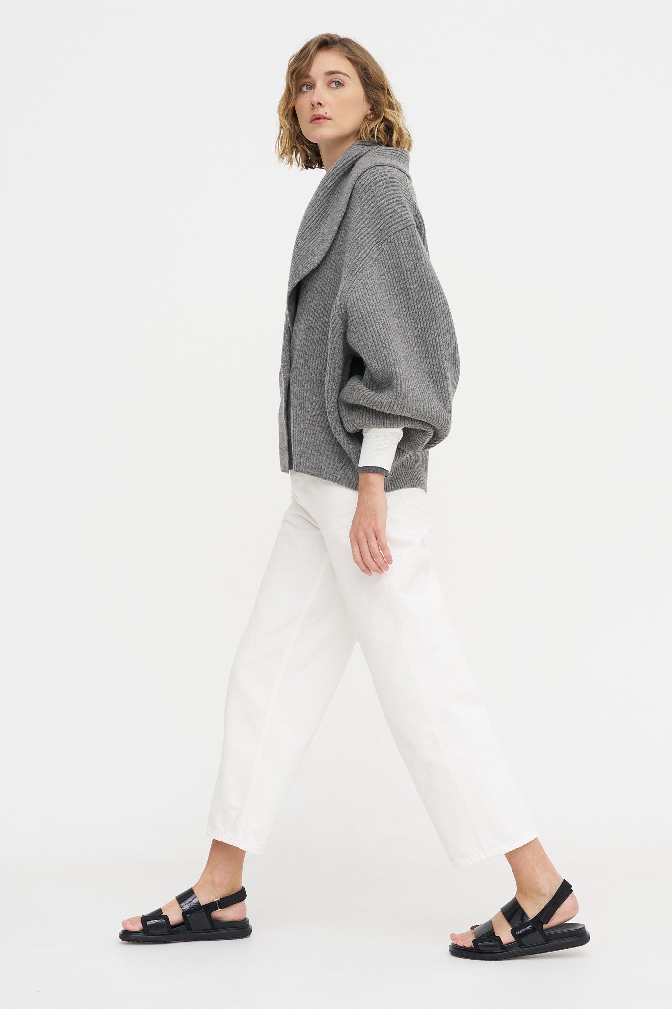 Shawl-lapel Cardigan, Mid-Grey