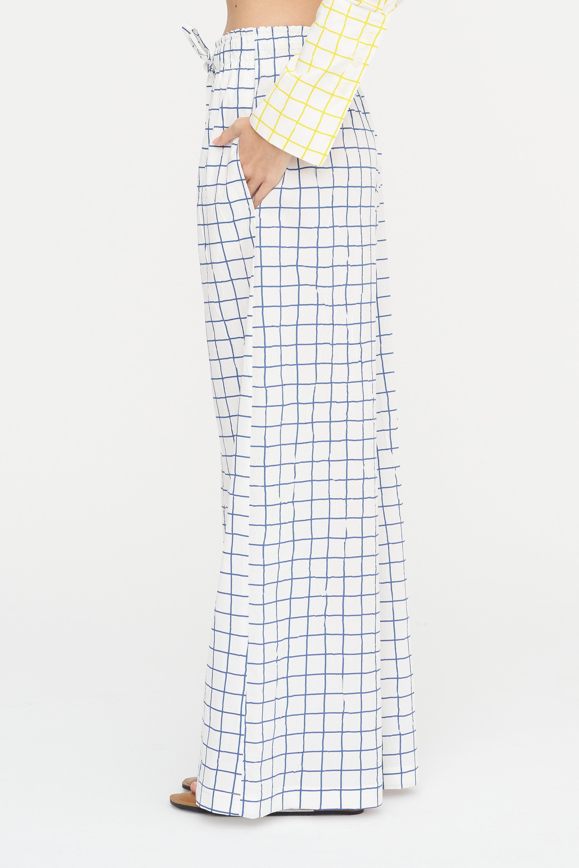 Wide Leg Check Pants, Navy &amp; White