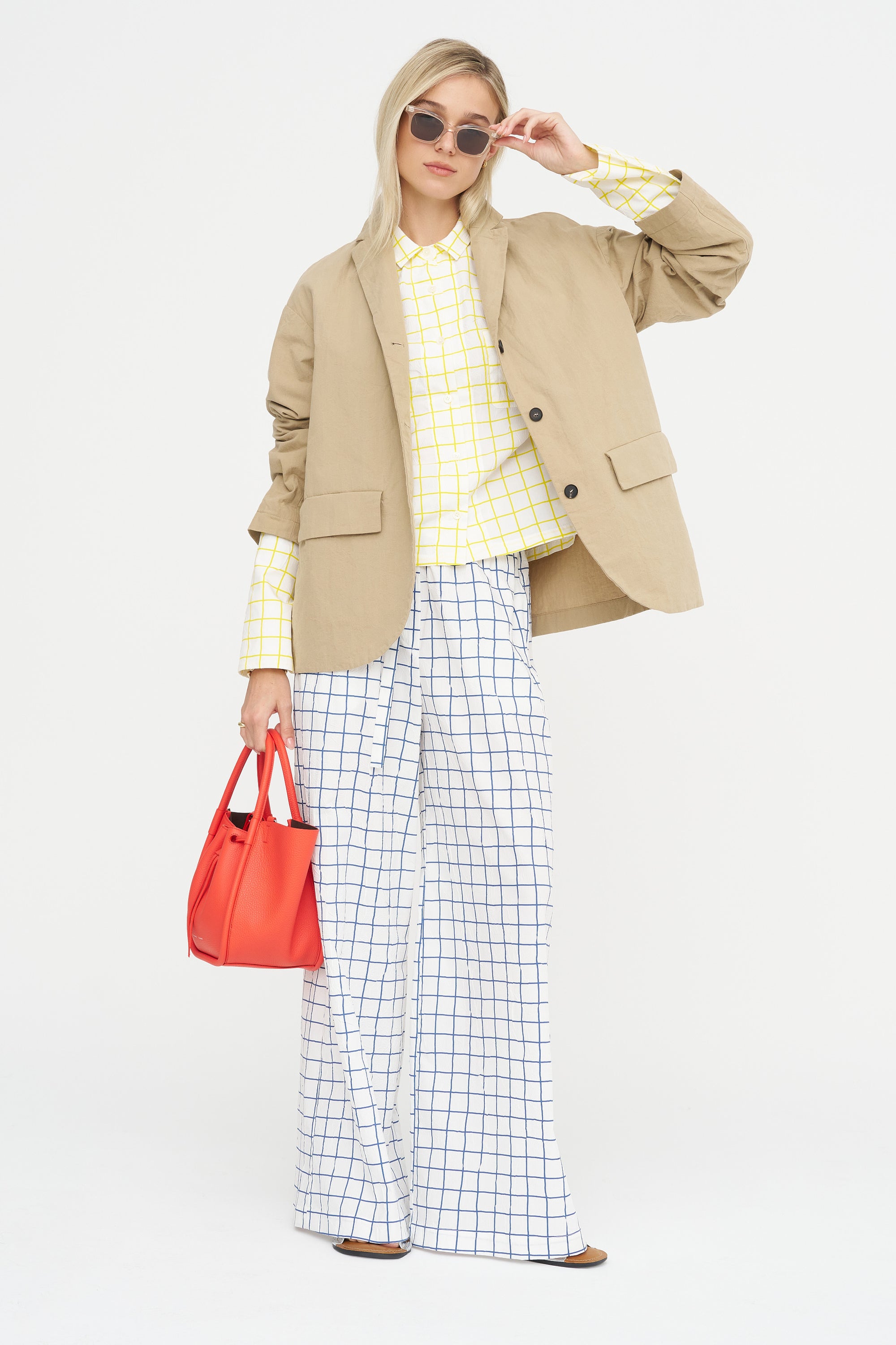 Wide Leg Check Pants, Navy &amp; White