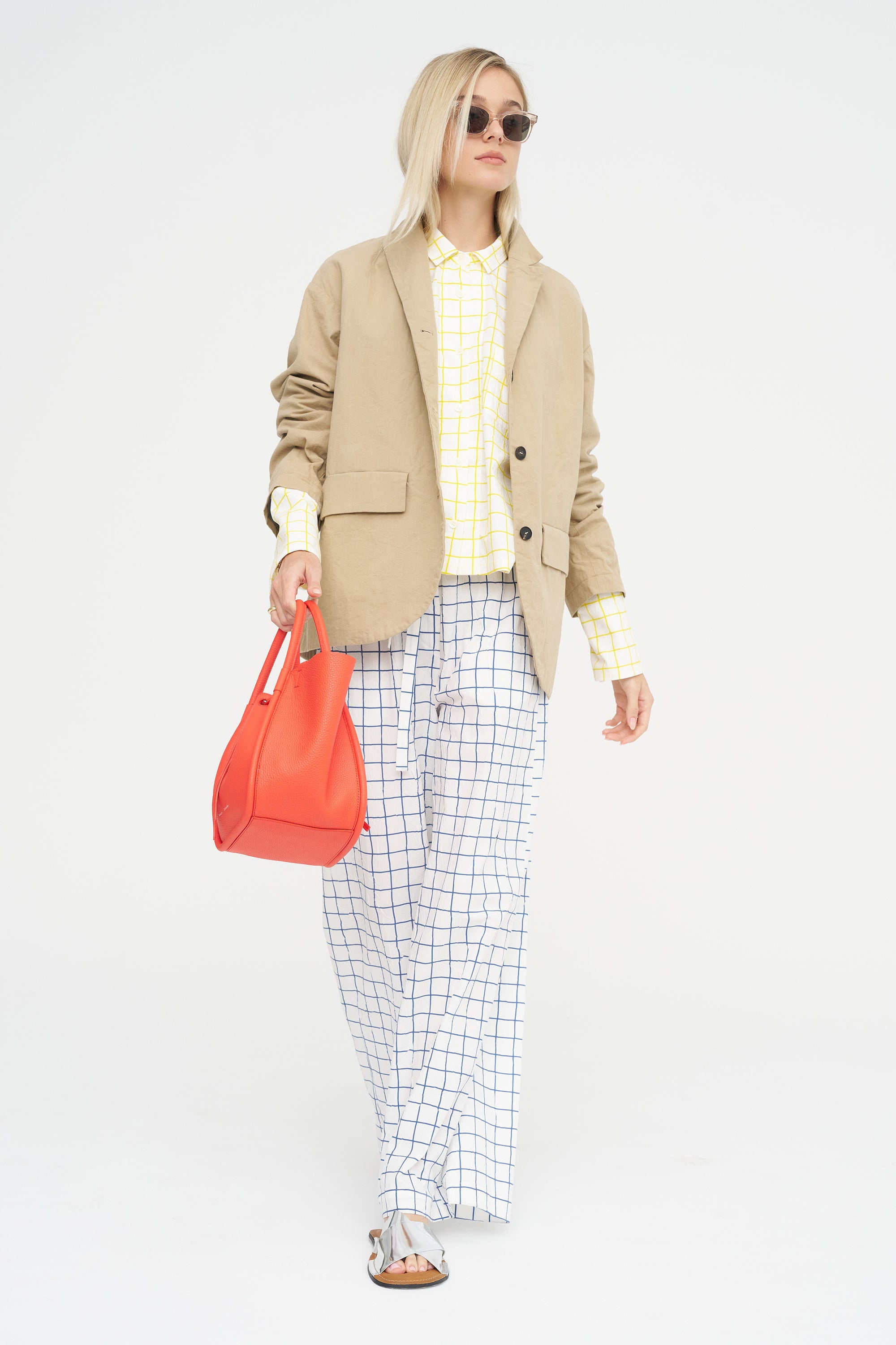 Wide Leg Check Pants, Navy &amp; White