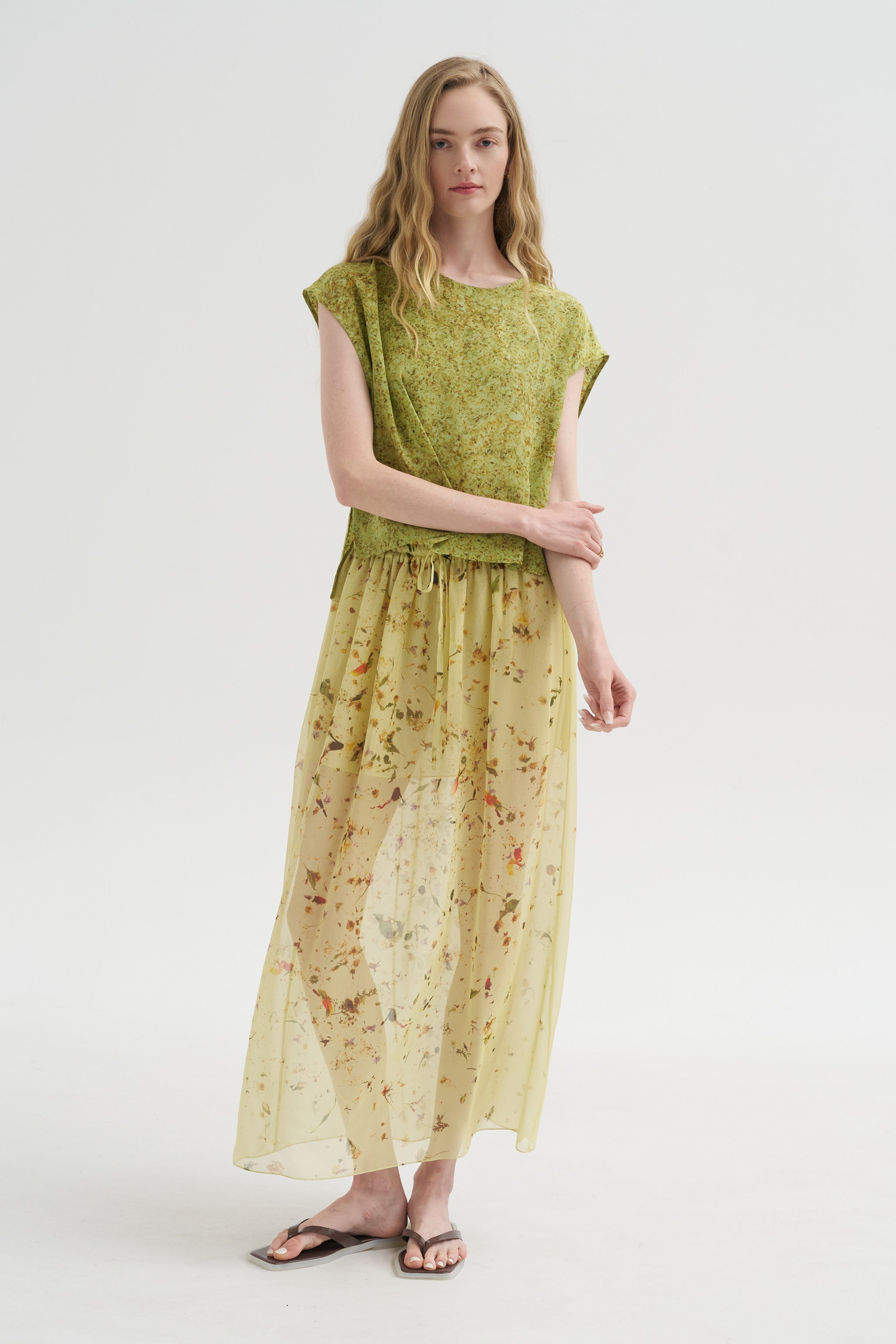 Yoli silk tuck skirt シルク100% Chiffon Silk Skirt, Print X – Kick Pleat