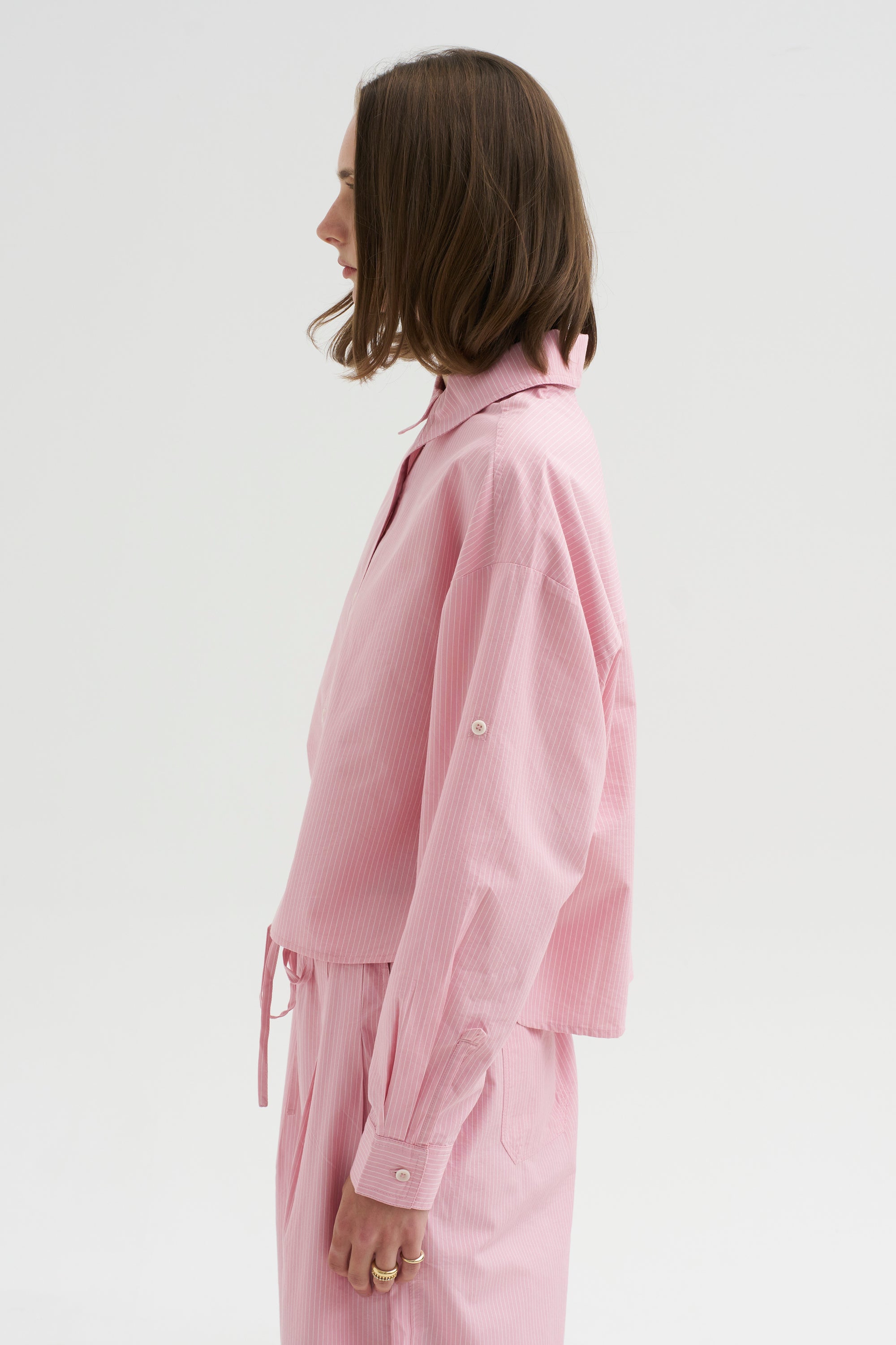 Cropped Isolde Button Down, Pink Taffy Stripe