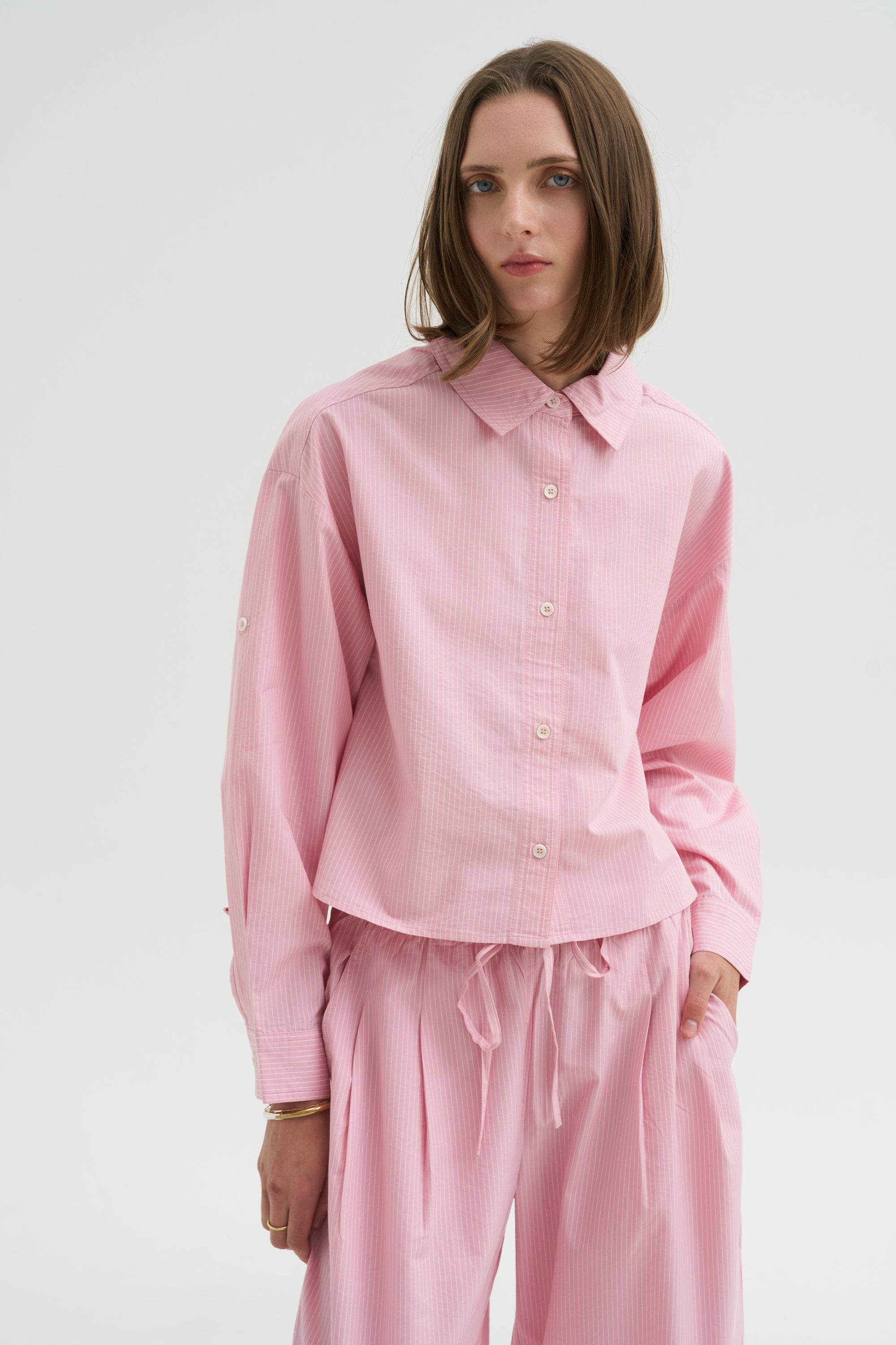 Cropped Isolde Button Down, Pink Taffy Stripe