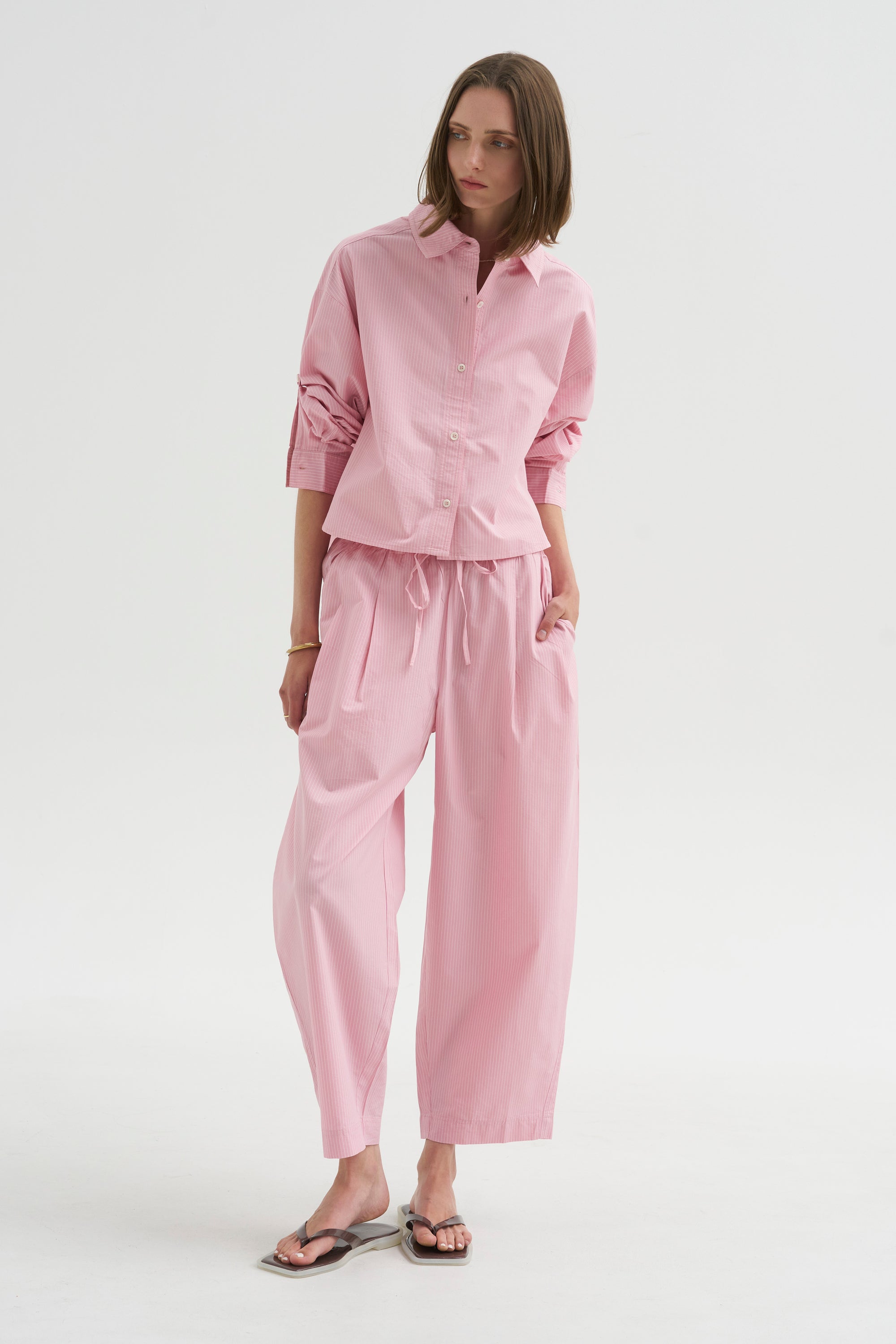 Cropped Isolde Button Down, Pink Taffy Stripe