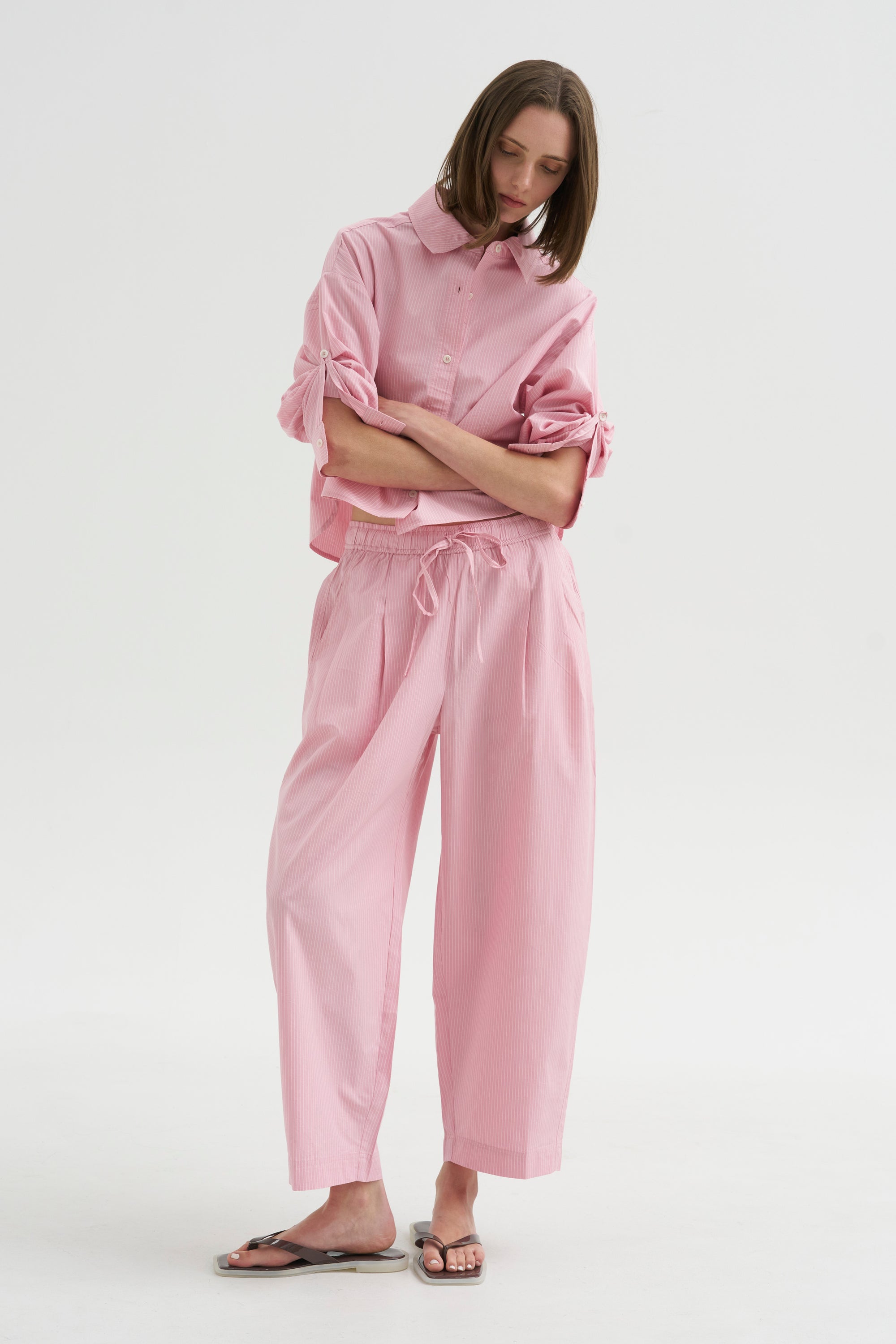 Cropped Isolde Button Down, Pink Taffy Stripe