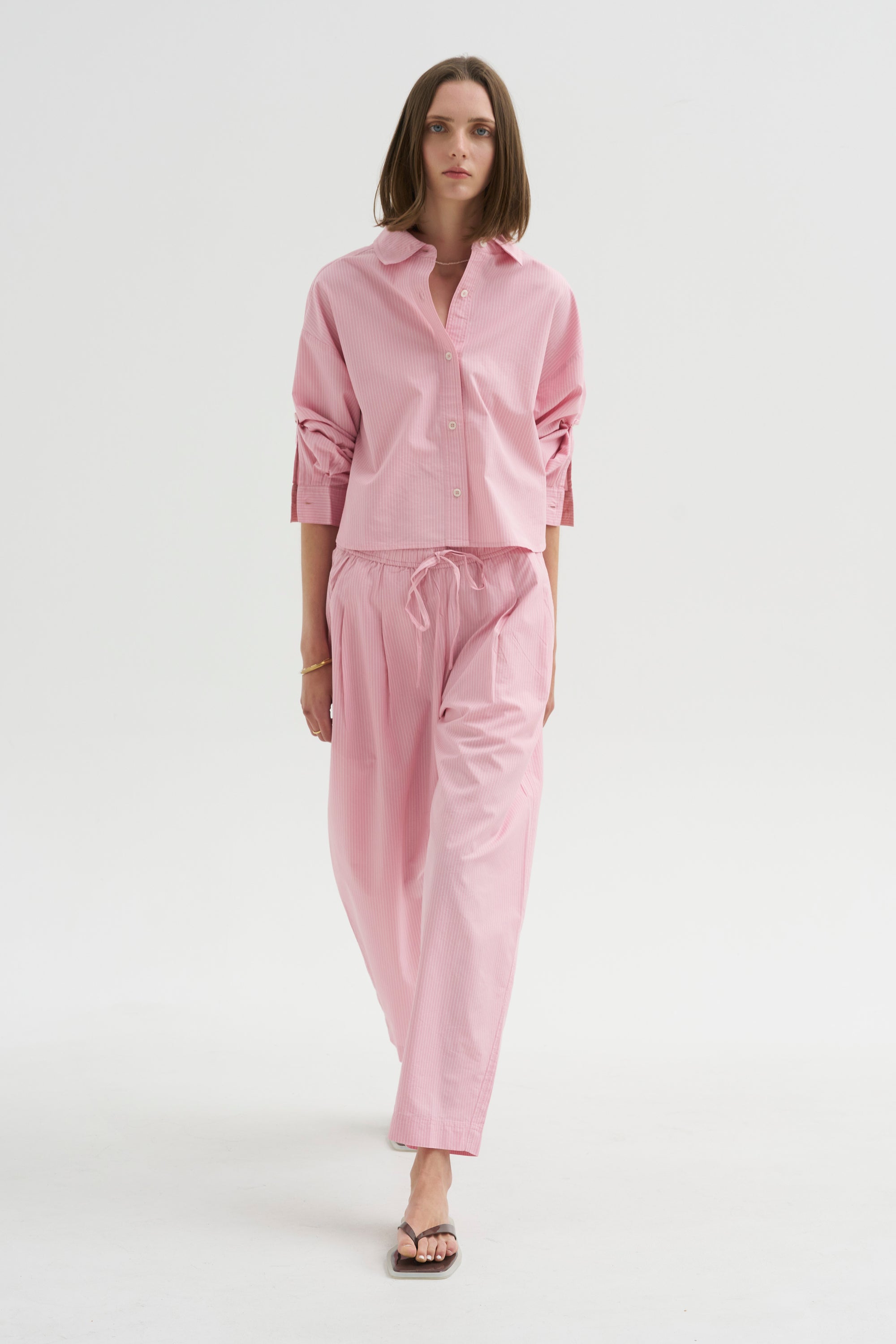 Cropped Isolde Button Down, Pink Taffy Stripe