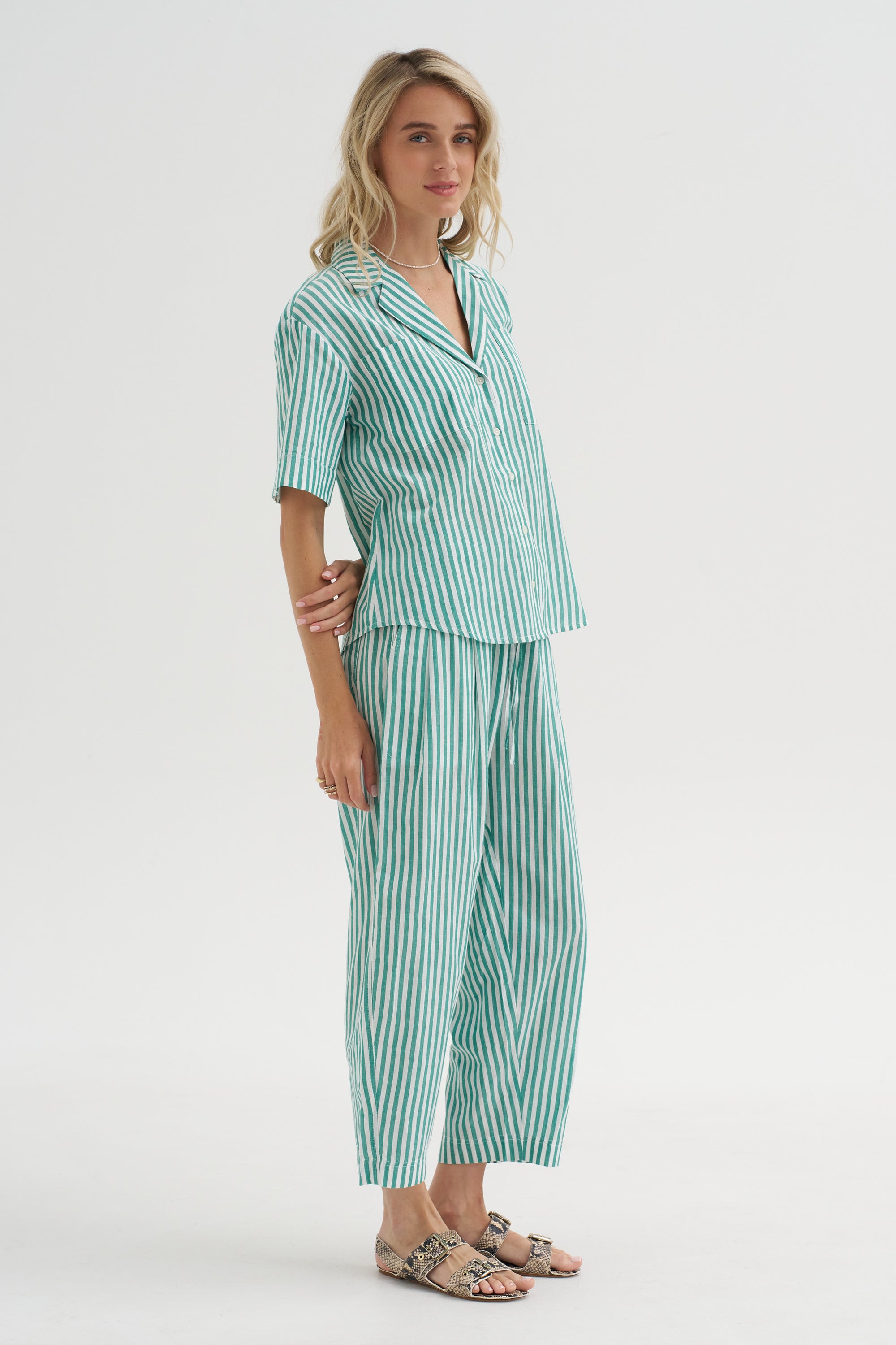 Valenti Button Up, Yarn Dye Stripe Green