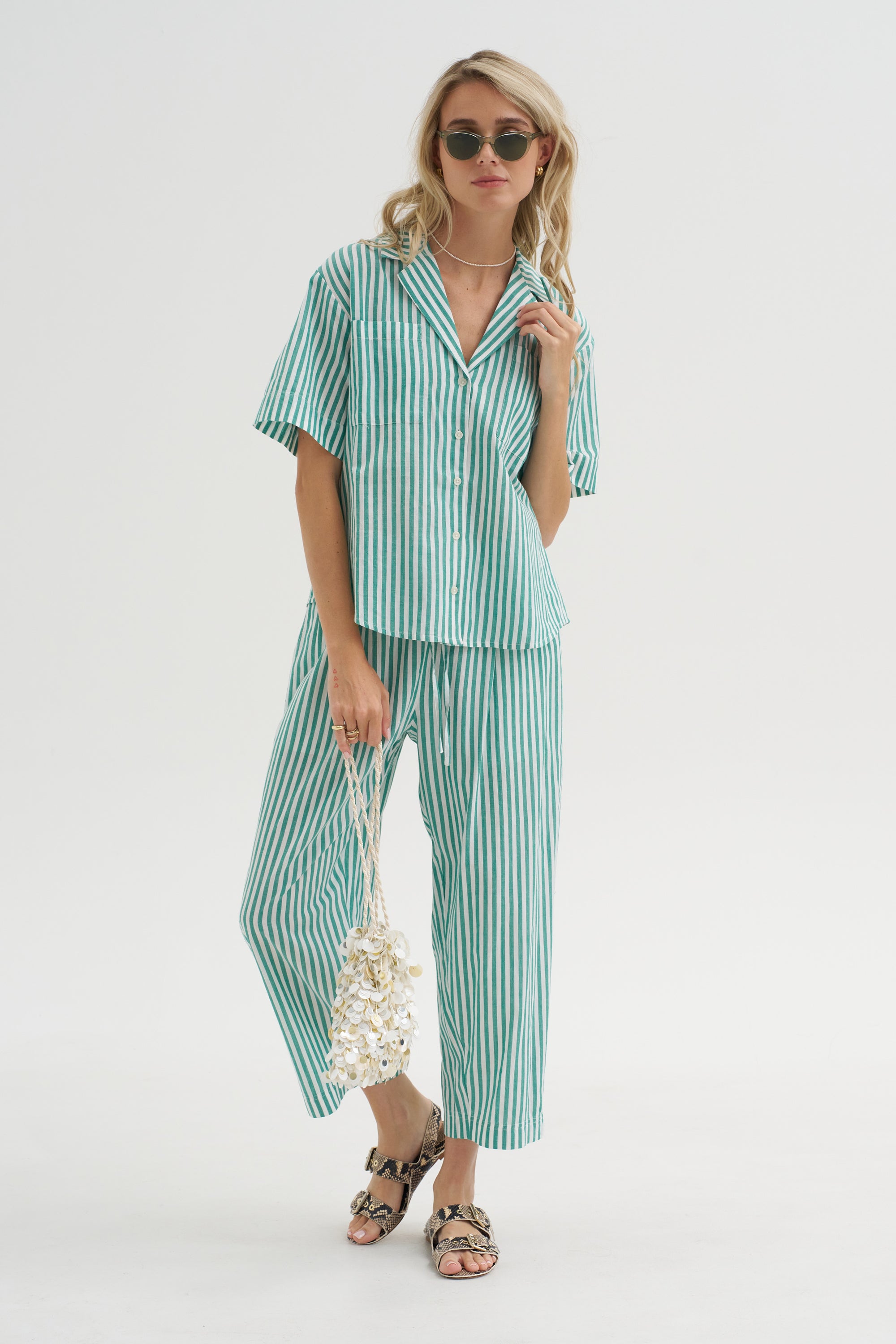 Valenti Button Up, Yarn Dye Stripe Green