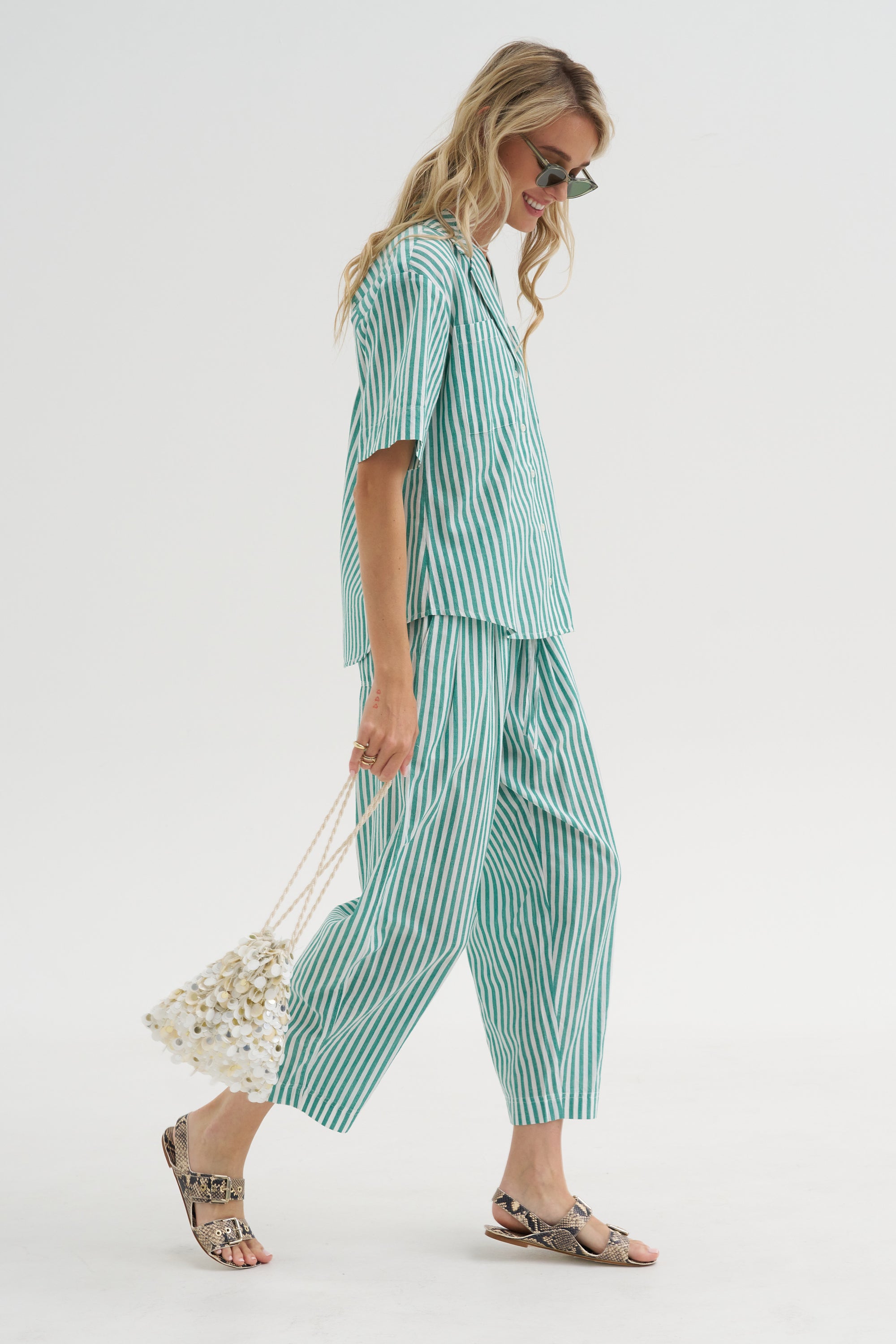 Valenti Button Up, Yarn Dye Stripe Green