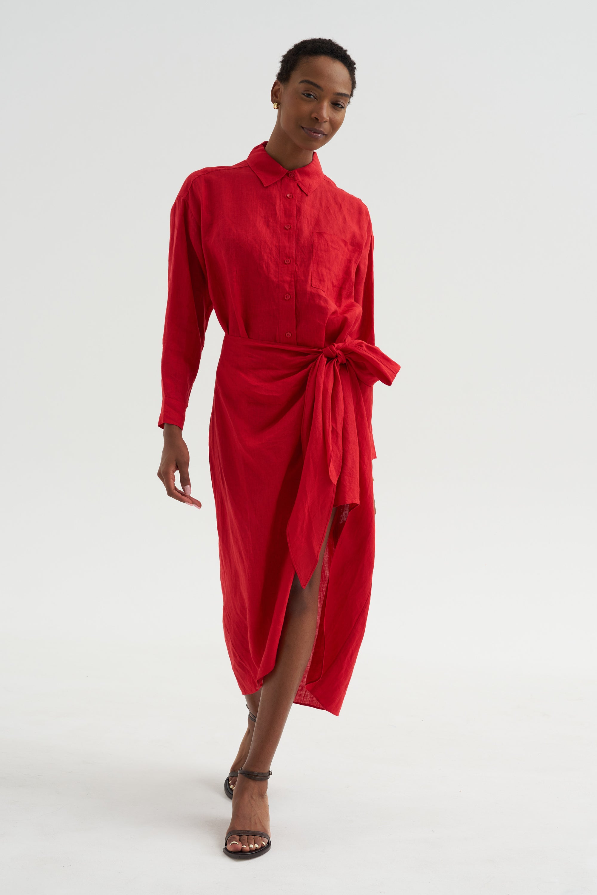 Alessandra - Sarong Shirt Dress, Red