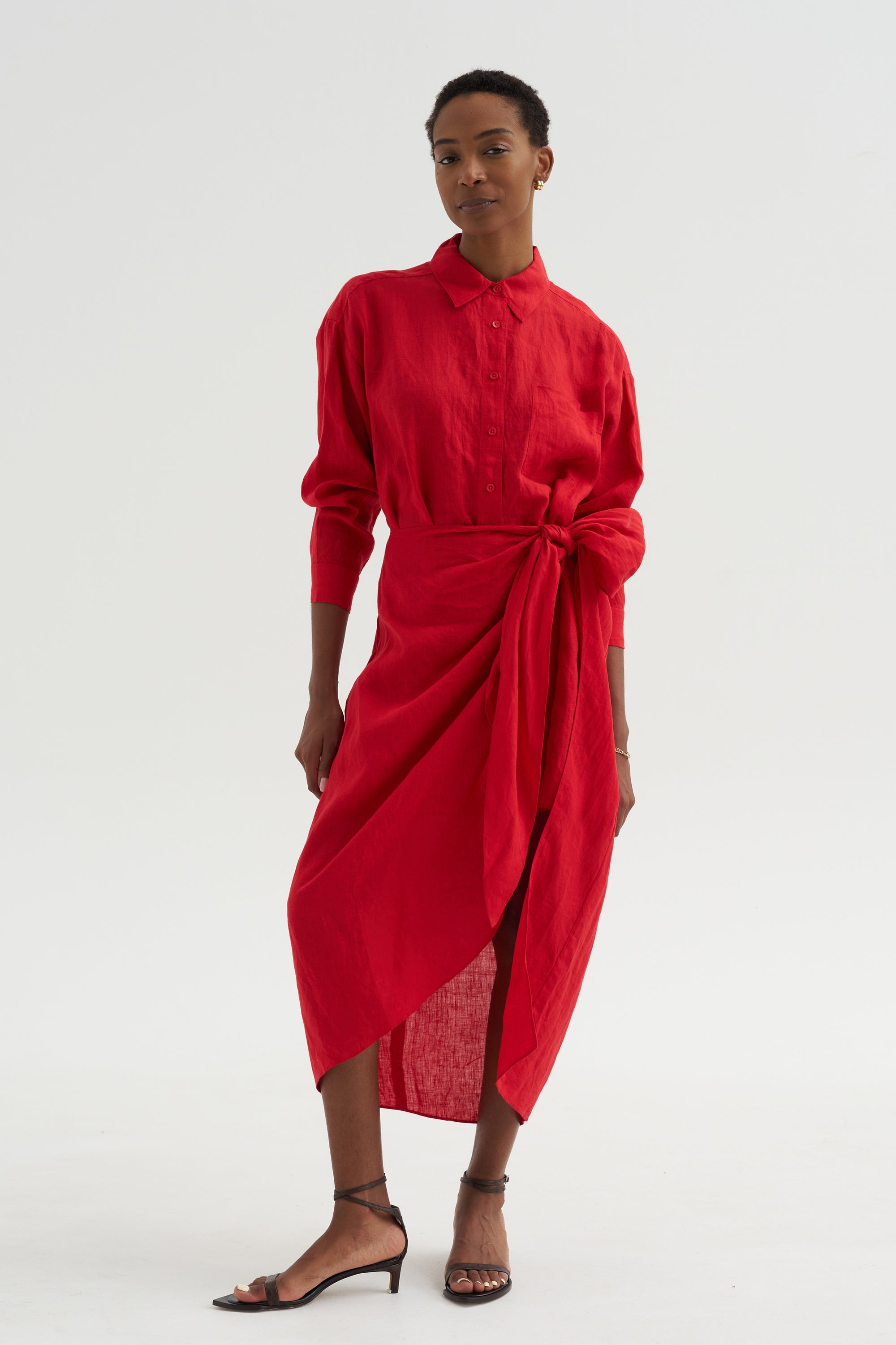 Alessandra - Sarong Shirt Dress, Red