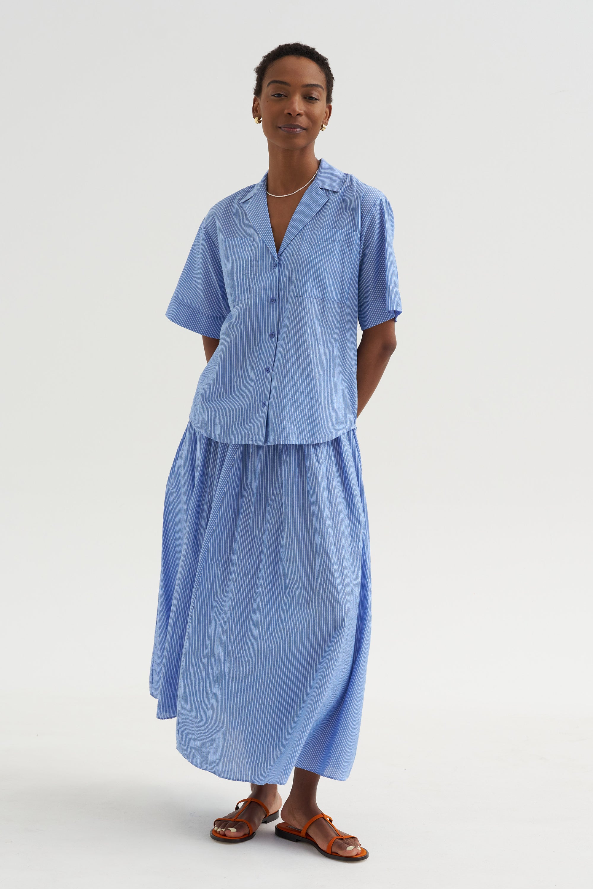 Hanne - Tie Maxi Skirt,  Microstripe Blue &amp; Cream