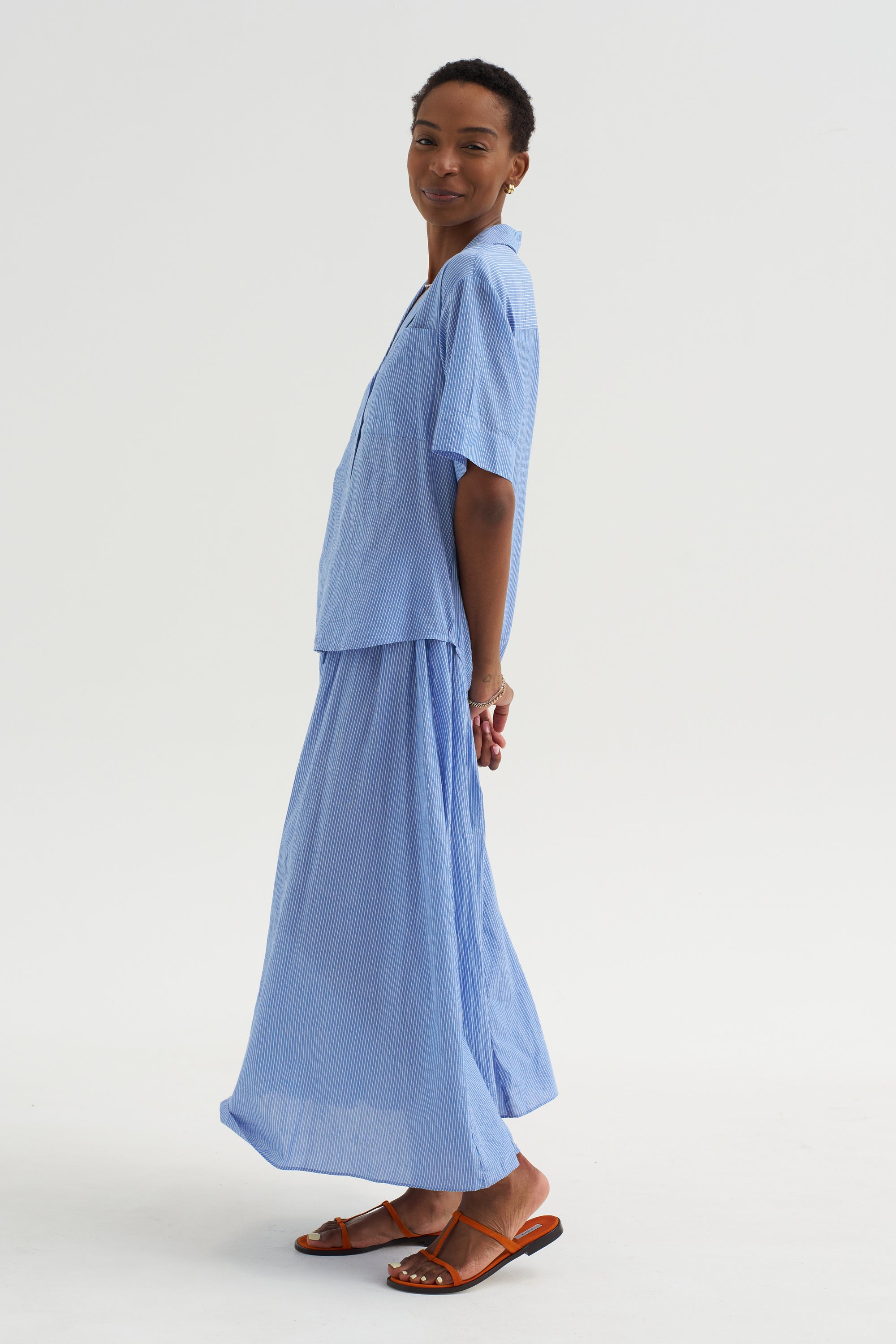 Hanne - Tie Maxi Skirt,  Microstripe Blue &amp; Cream