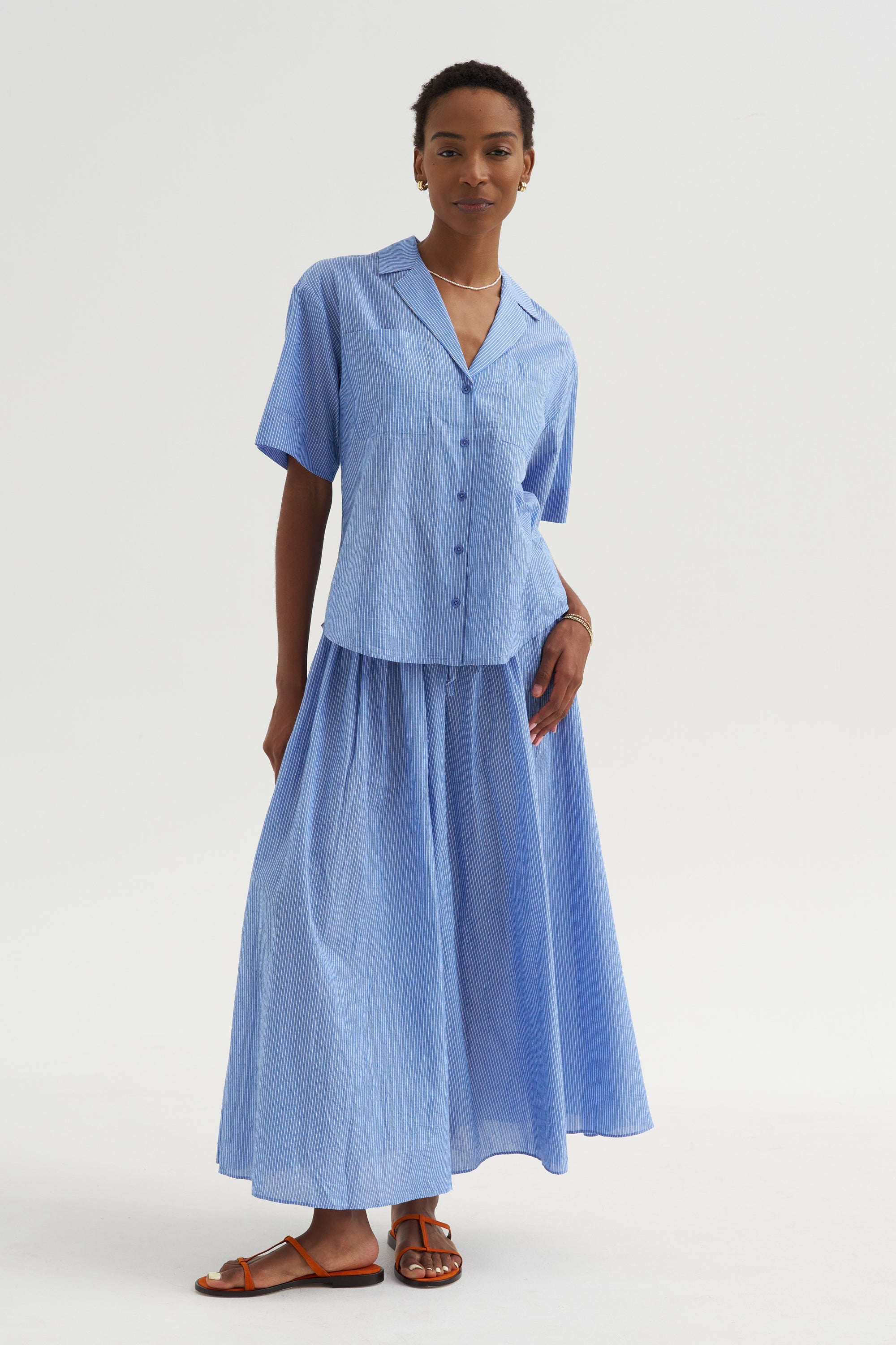 Hanne - Tie Maxi Skirt,  Microstripe Blue &amp; Cream