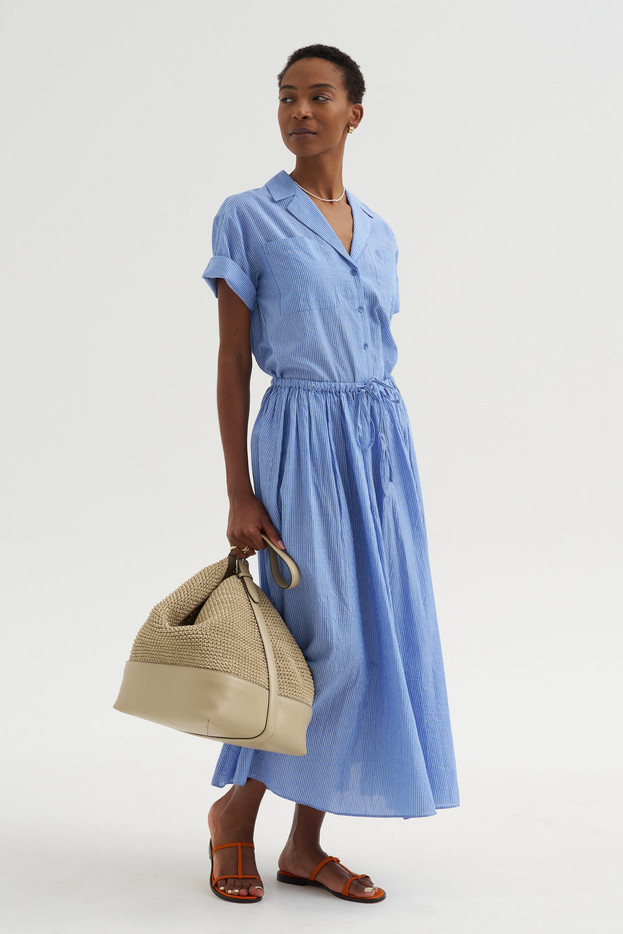 Hanne - Tie Maxi Skirt,  Microstripe Blue &amp; Cream